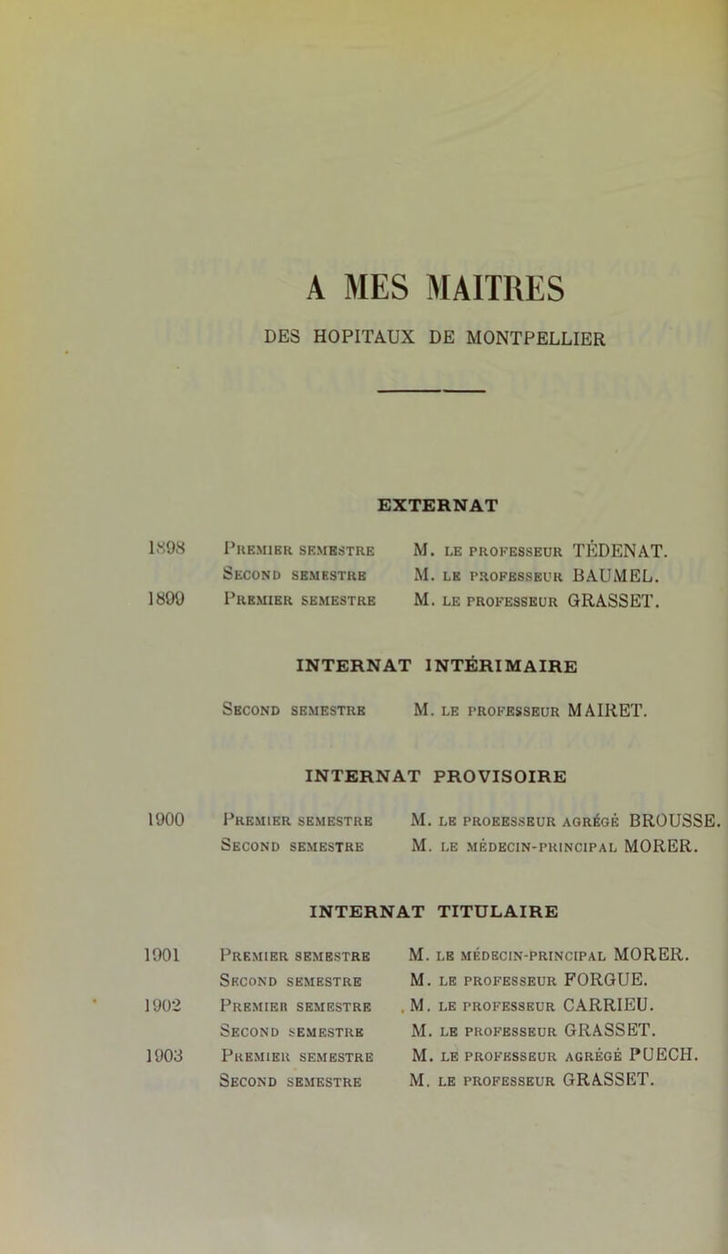 1,398 1899 1900 1901 1902 1903 A MES MAITRES DES HOPITAUX DE MONTPELLIER EXTERNAT Premier semestre M. le professeur TÉDENAT. Second semestre M. le professeur BAUMEL. Premier semestre M. le professeur GRASSET. INTERNAT INTÉRIMAIRE Second semestre M. le professeur MAIRET. INTERNAT PROVISOIRE Premier semestre M. le proeesseur agrégé BROUSSE. Second semestre M. le médecin-principal MORER. INTERNAT TITULAIRE Premier semestre Second semestre Premier semestre Second semestre Premier semestre Second semestre M. LE MÉDECIN-PRINCIPAL MORER. M. le professeur FORGUE. . M. LE PROFESSEUR CARRIEU. M. LE PROFESSEUR GRASSET. M. LE PROFESSEUR AGRÉGÉ PUECH. M. LE PROFESSEUR GRASSET.