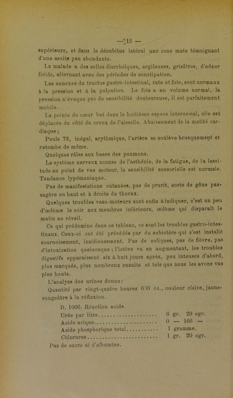 supérieure, et dans le décubitus latéral une zone mate témoignant d’une ascite peu abondante. La malade a des selles diarrhéiques, argileuses, grisâtres, d’odeur fétide, alternant avec des périodes de constipation. Les annexes du tractus gastro-intestinal, rate et foie, sont normaux à la pression et à la palpation. Le foie a un volume normal, la pression n’évoque pas de sensibilité douloureuse, il est parfaitement mobile. La pointe du coeur bat dans le huitième espace intercostal, elle est déplacée du côté du creux de l’aisselle. Abaissement de la matité car- diaque ; Pouls 78, inégal, arythmique, l’artère se soulève brusquement et retombe de même. Quelques râles aux bases des poumons. Le système nerveux accuse de l’asthéuie, de la fatigue, de la lassi- tude au point de vue moteur, la sensibilité sensorielle est normale. Tendance lypémaniaque. Pas de manifestations cutanées, pas de prurit, sorte de gêne pas- sagère en haut et à droite du thorax. Quelques troubles vaso-moteurs sont enfin à indiquer, c’est un peu d’œdème le soir aux membres inférieurs, œdème qui disparaît le matin au réveil. Ce qui prédomine dans ce tableau, ce sont les troubles gastro-intes- tinaux. Ceux-ci ont été précédés par du subictère qui s’est installé sournoisement, insidieusement. Pas de coliques, pas de fièvre, pas d'intoxication quelconque ; l’ictère va en augmentant, les troubles digestifs apparaissent six à huit jours après, peu intenses d’abord, plus marqués, plus nombreux ensuite et tels que nous les avons vus plus hauts. L’analyse des urines donne: Quantité par vingt-quatre heures 6)0 cc., couleur claire, jaune- rougeâtre à la réflexion. D. 1006. Réaction acide. Urée par litre 6 gr. 20 cgr. Acide urique 0 — 166 Acide phosphorique total 1 gramme. Chlorures 1 Sr• 20 cgr. Pas de sucre ni d’albumine.