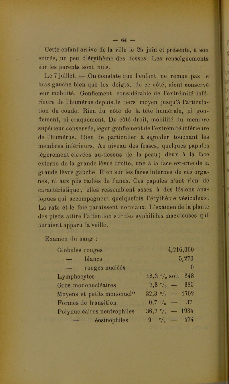 Cette enfant arrive de la ville le 25 juin et présente, à son entrée, .un peu d’érythème des fesses. Les renseignements sur les parents sont nuis. Le 7 juillet. — On constate que l’enfant ne remue pas le bias gauche bien que les doigts, de ce côté, aient conservé leur mobilité. Gonflement considérable de l’extrémité infé- rieure de l’humérus depuis, le tiers moyen jusqu’à l’articula- tion du coude. Rien du côté de la tête humérale, ni gon- flement, ni craquement. Du côté droit, mobilité du membre supér ieur conservée, léger gonflement de l’extrémité inférieure de l’humérus. Rien de particulier à signaler touchant les membr-es inférieurs. Au niveau des fesses, quelques papules légèrement élevées au-dessus de la peau ; deux à la face externe de la grande lèvre droite, une à la face externe de la gr ande lèvre gauche. Rien sur les faces internes de ces orga- nes, ni aux plis radiés de l’anus. Ces papules n’ont rien de caractéristique; elles ressemblent assez à des lésions ana- logues qui accompagnent quelquefois l’érythèn;e vésiculeux. La rate et le foie paraissent normaux. L’examende la plante des pieds attire l’attention s rr des syphilides maculeuses qui auraient apparu la veille. Examen du sang : Globules rouges 4^216,000 — blancs 5,270 — rouges nucléés 0 Lymphocytes 12,3 Vo soit 648 Gros mononucléaires 7,3 7o — 385 Moyens et petits mononucl®* 32,3 V. — 1702 Formes de transition 0,7 Vo — 37 Polynucléaires neutrophiles 36,7 Vo — 1934 — éosinophiles 9 Vo — 474