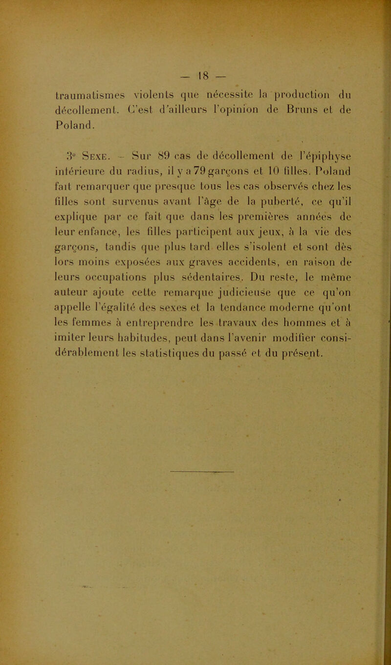 traumatismes violents que nécessite la production du décollement. C’est d’ailleurs l’opinion de Bruns et de Poland. 3“ Sexe. ~ Sur 89 cas de décollement de l’épiphyse intérieure du radius, il y a 79 garyons et 10 (illes. Poland fait remarquer que presque tous les cas observés chez les tilles sont survenus avant l’âge de la puberté, ce qu’il explique par ce fait que dans les premières années de leur enfance, les filles participent aux jeux, â la vie des garçons, tandis que jilus tard elles s’isolent et sont dès lors moins exposées aux graves accidents, en raison de leurs occupations plus sédentaires. Du reste, le même auteur ajoute cette remanjue judicieuse que ce qu’on appelle l’égalité des sexes et la tendance moderne qu’ont les femmes à entre{)rendre les travaux des hommes et à imiter leurs habitudes, peut dans l’avenir modifier consi- dérablement les statistiques du passé et du présent.