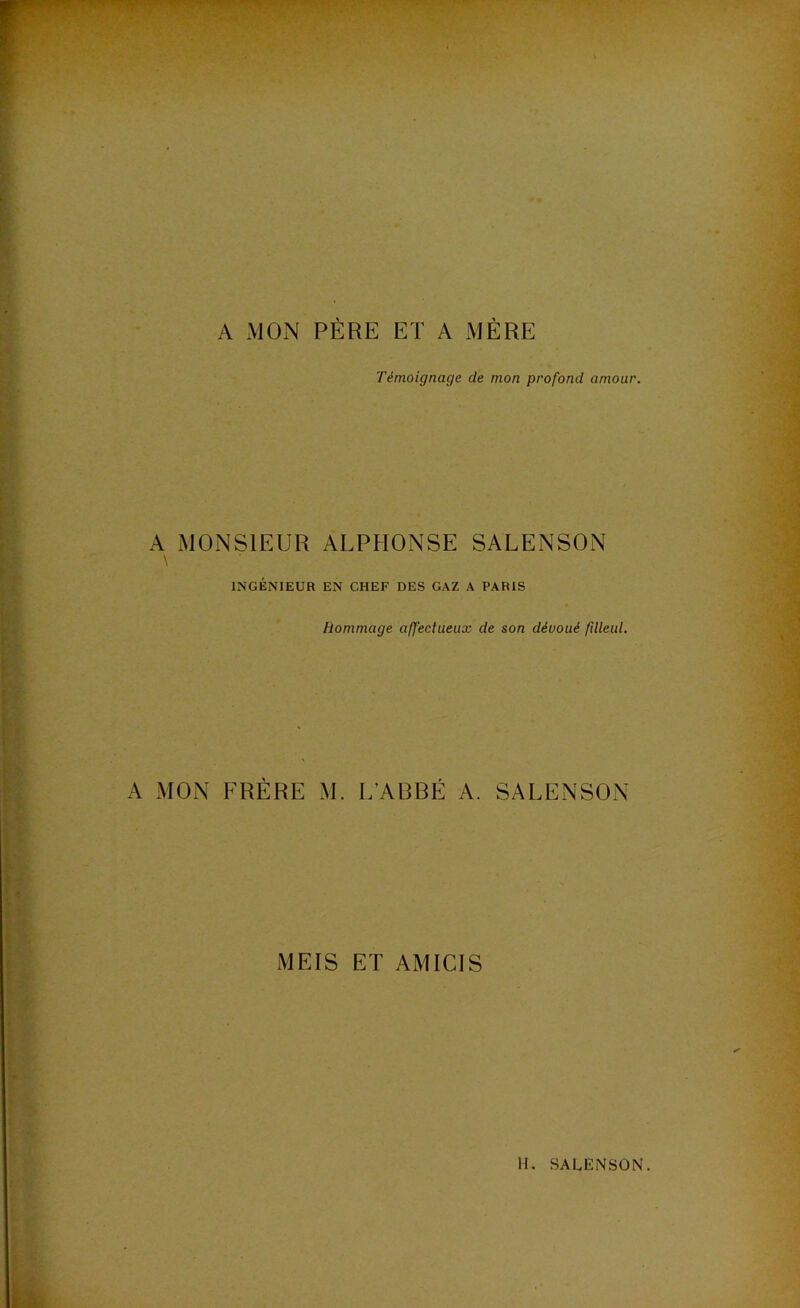A MON PÈRE ET A MÈRE Témoignage de mon profond amour. A MONSIEUR ALPHONSE SALENSON INGÉNIEUR EN CHEF DES GAZ A PARIS Hommage affectueux de son dévoué fdleul. A MON FRÈRE M. L’ABBÈ A. SALENSON MEIS ET AMICIS