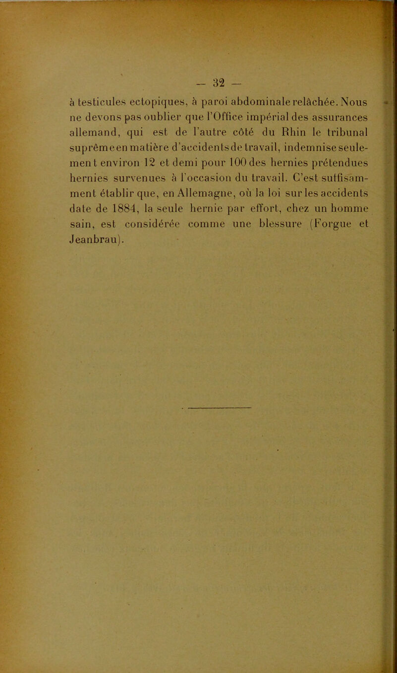 à testicules ectopiques, à paroi abdominale relâchée. Nous ne devons pas oublier que l’Office impérial des assurances allemand, qui est de l’autre côté du Rhin le tribunal suprêmeen matière d’accidentsde travail, indemnise seule- ment environ 12 et demi pour 100 des hernies prétendues hernies survenues à l’occasion du travail. C’est suffisam- ment établir que, en Allemagne, où la loi sur les accidents date de 1884, la seule hernie par effort, chez un homme sain, est considérée comme une blessure (Forgue et Jeanbrau).