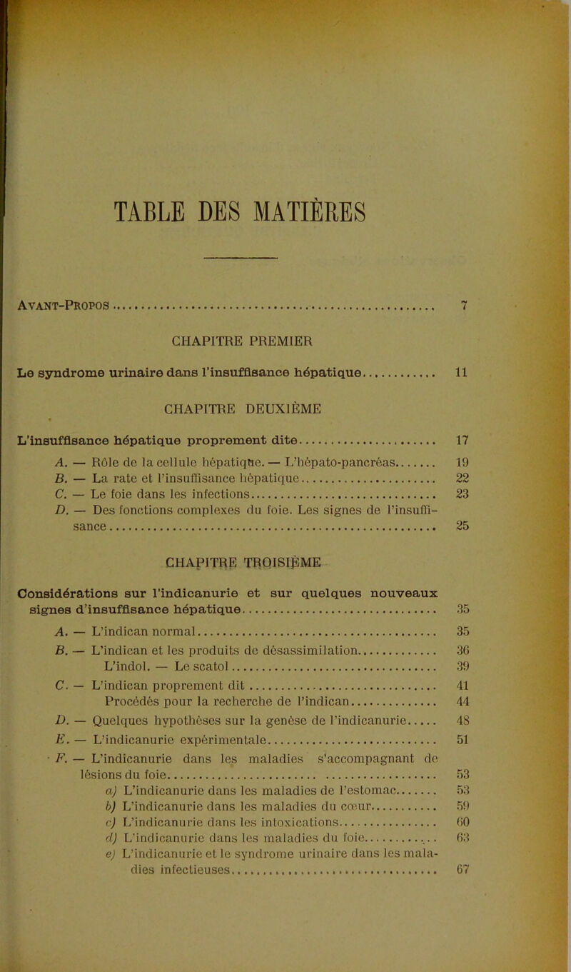 TABLE DES MATIERES Avant-Propos 7 CHAPITRE PREMIER Le syndrome urinaire dans l’insuffisance hépatique 11 CHAPITRE DEUXIÈME L’insuffisance hépatique proprement dite 17 A. — Rôle de la cellule hépatique.— L’bépato-pancrôas 19 B. — La rate et l’insuffisance hépatique 22 C. — Le foie dans les infections 23 D. — Des fonctions complexes du foie. Les signes de l’insuffi- sance 25 CHAPITRE TROISIÈME Considérations sur l’indicanurie et sur quelques nouveaux signes d’insuffisance hépatique 35 A. — L’indican normal 35 B. — L’indican et les produits de désassimilation 36 L’indol. — Le scatol 39 C. — L’indican proprement dit 41 Procédés pour la recherche de l’indican 44 D. — Quelques hypothèses sur la genèse de l’indicanurie 48 E. — L’indicanurie expérimentale 51 • F. — L’indicanurie dans les maladies s'accompagnant de lésions du foie 53 a) L’indicanurie dans les maladies de l’estomac 53 b) L’indicanurie dans les maladies du cœur 59 c) L’indicanurie dans les intoxications 60 d) L’indicanurie dans les maladies du foie 63 ej L’indicanurie et le syndrome urinaire dans les mala- dies infectieuses 67