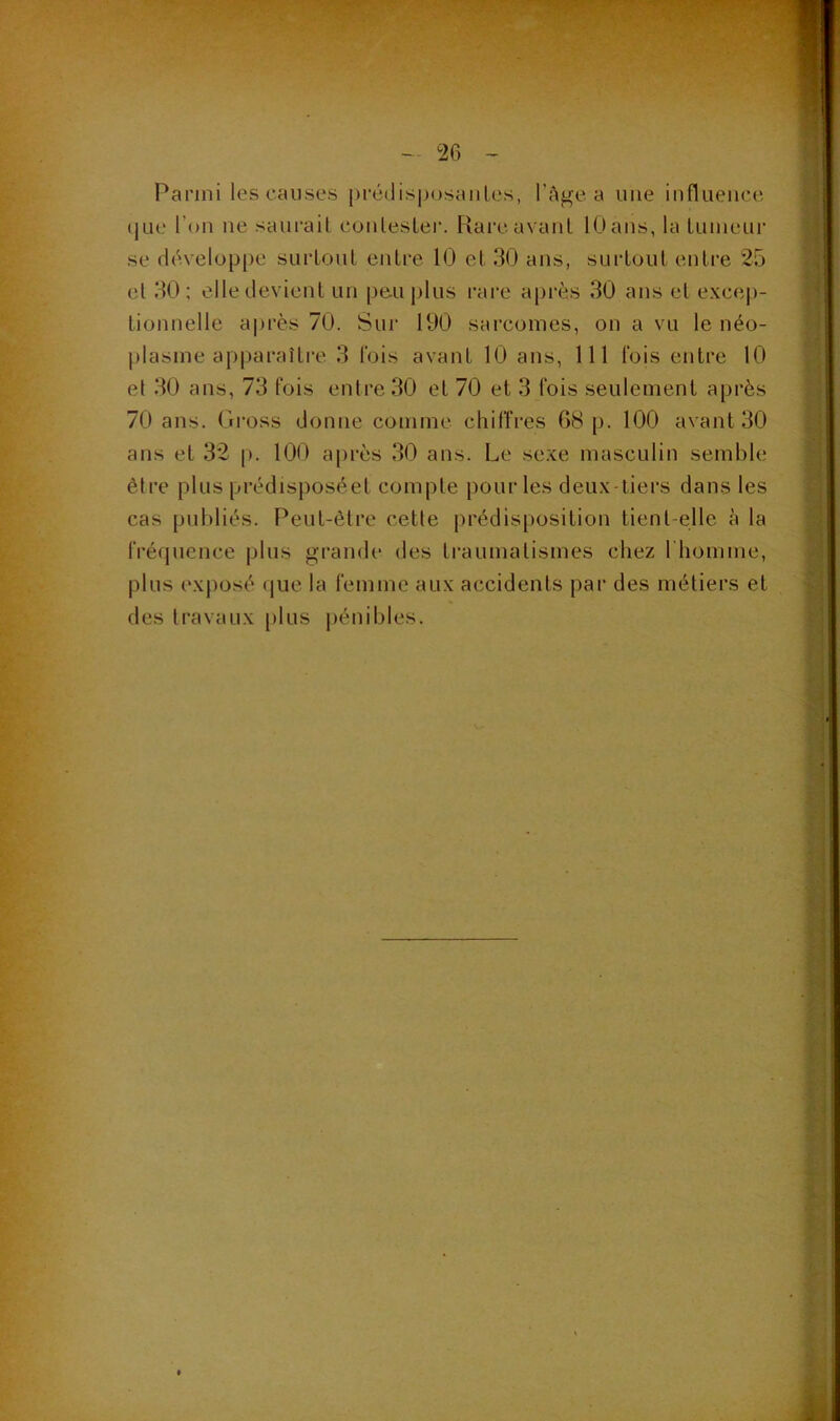 Parmi les causes prédisposaiiLes, l’Age a une innueuce (jLie l’on ne saurait conlesler. Rai'c avant 10 ans, la tunieui' se développe surtout entre 10 et 30 ans, surtout entre 25 et 30; elle devient un peu plus rare après 30 ans et excoj)- Lionnelle après 70. Sur 190 sarcomes, on a vu le néo- plasme apparaître 3 l'ois avant 10 ans, 111 l'ois entre 10 et 30 ans, 73 fois entre 30 et 70 et 3 fois seulement après 70 ans. Gross donne comme chifïres 68 p. 100 avant 30 ans et 32 p. 100 après 30 ans. Le se.xe masculin semble être plus prédisposéet compte pour les deux-tiers dans les cas publiés. Peut-être cette prédis[)osition tient-elle à la frécpience plus grande des traumatismes chez riiomme, plus exposé que la femme aux accidents par des métiers et des travaux plus pénibles.