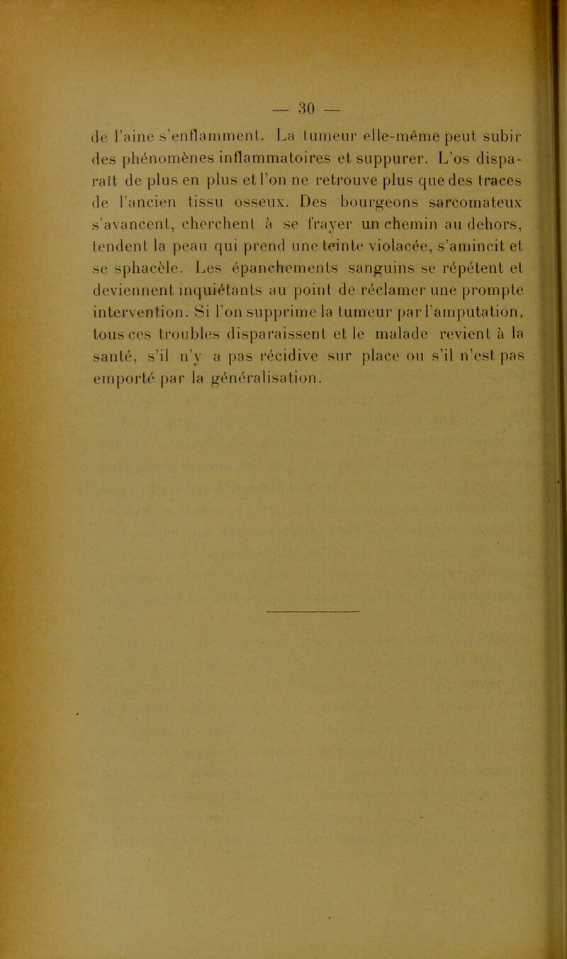 de l’aine s’entlamnienl. La lumeur elle-même peut subir des phénomènes inflammatoires et suppurer. L’os dispa- raît de plus en plus et l’on ne retrouve plus que des traces de l’ancien tissu osseux. Des bourgeons sarcomateux s’avancent, cherchent à se frayer un chemin au dehors, tendent la peau qui prend une teinte violacée, s’amincit et se sphacèlc. Les épanchements sanguins se répètent et deviennent inquiétants au point de réclamer une prompte intervention. Si l’on supprime la tumeur |)ar l'amputation, tous ces troubles disparaissent et le malade revient à la santé, s’il n’y a pas récidive sur place ou s’il n’est pas emporté par la généralisation.