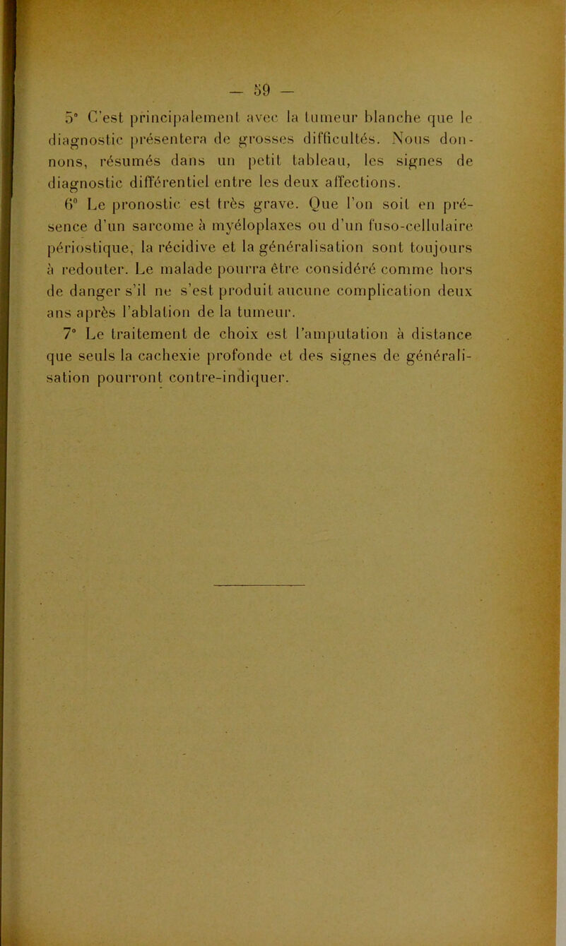 5° C’est principalement avec la liimeur blanche que le diagnostic |)i‘ésentera de grosses difficultés. Nous don- nons, résumés dans un petit tableau, les signes de diagnostic différentiel entre les deux affections. 6® Le pronostic est très grave. Que l’on soit en pré- sence d’un sarcome à myéloplaxes ou d’un fuso-cellulaire périostique, la récidive et la généralisation sont toujours à redouter. Le malade pourra être considéré comme hors de danger s’il ne s’est produit aucune complication deux ans après l’ablation de la tumeur. 7 Le traitement de choix est l’amputa lion à distance que seuls la cachexie profonde et des signes de générali- sation pourront contre-indiquer.