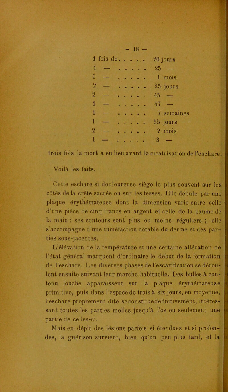 1 fois de. . . . . 20jours 1 — 25 — 5 — 1 mois 2 — 25 jours 2 — 45 — 1 — 47 — 1 — 7 semaines 1 — 55 jours 2 — 2 mois 1 — 3 — trois fois la mort a eu lieu avant la cicatrisation de l’eschare. Voilà les faits. Cette eschare si douloureuse siège le plus souvent sur les côtés delà crête sacrée ou sur les fesses. Elle débute par une plaque érythémateuse dont la dimension varie entre celle d’une pièce de cinq francs en argent et celle de la paume de la main : ses contours sont plus ou moins réguliers ; elle s’accompagne d’une tuméfaction notable du derme et des par- ties sous-jacentes. L’élévation de la température et une certaine altération de l’état général marquent d’ordinaire le début de la formation de l’eschare. Les diverses phases de l’escarification se dérou- lent ensuite suivant leur marche habituelle. Des bulles à con- tenu louche apparaissent sur la plaque érythémateuse primitive, puis dans l’espace de trois à six jours, en moyenne, l’eschare proprement dite seconstituedéfinitivement, intéres- sant toutes les parties molles jusqu’à l’os ou seulement une partie de celles-ci. Mais en dépit des lésions parfois si étendues et si profon- des, la guérison survient, bien qu’un peu plus tard, et la i