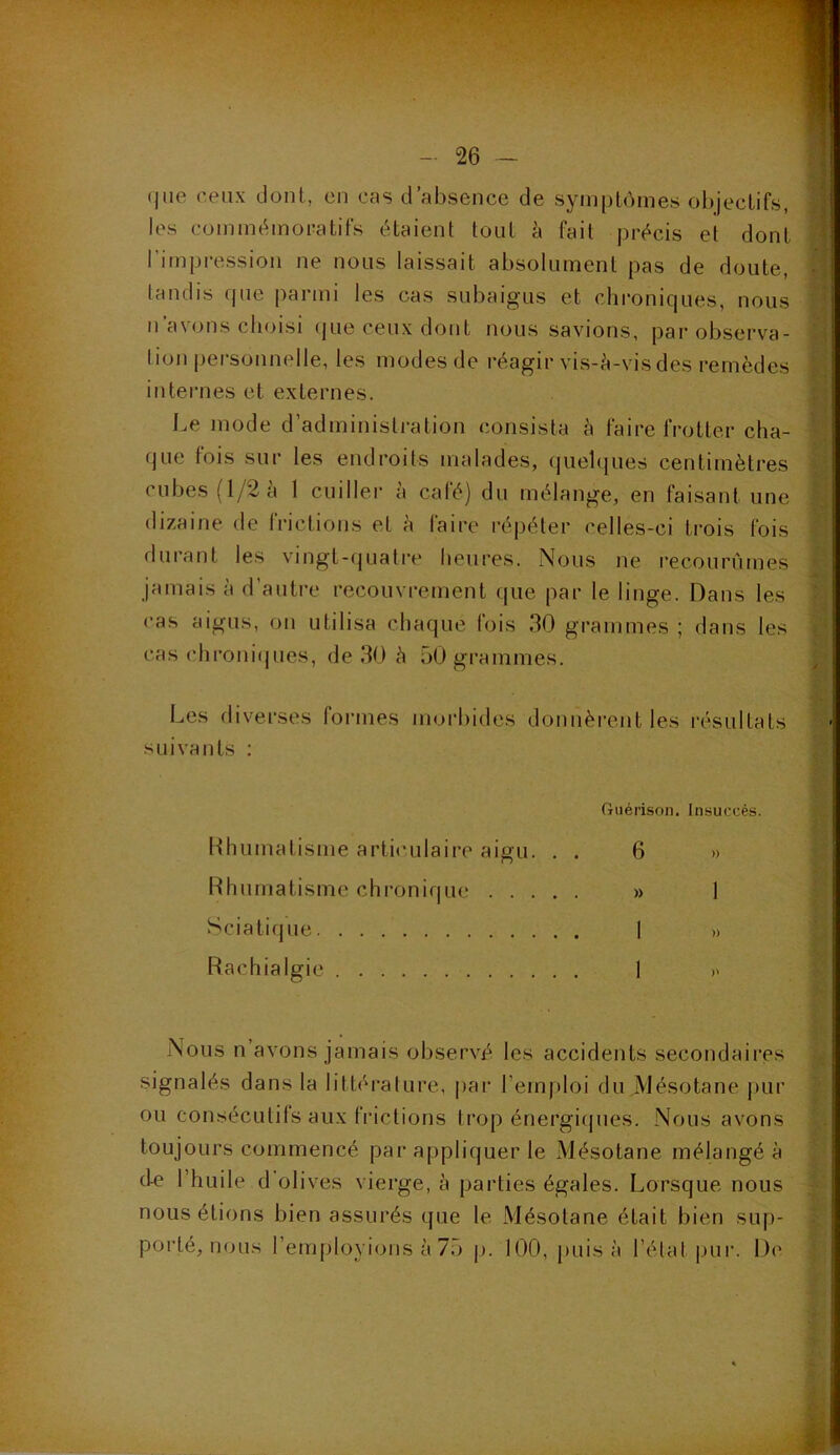 que ceux dont, en cas d’absence de symptômes objectifs, les commémoratifs étaient tout à fait précis el dont I impression ne nous laissait absolument pas de doute, tandis (pie parmi les cas subaigus et chroniques, nous n'avons choisi que ceux dont nous savions, par observa- tion personnelle, les modes de réagir vis-à-vis des remèdes internes et externes. Le mode d’administration consista à faire frotter cha- que fois sur les endroits malades, quelques centimètres cubes (1/2 à 1 cuiller à café) du mélange, en faisant une dizaine de frictions et à faire répéter celles-ci trois fois durant les vingt-quatre heures. Nous ne recourûmes jamais à d’autre recouvrement que par le linge. Dans les cas aigus, on utilisa chaque fois 30 grammes ; dans les cas chroniques, de 30 à 50 grammes. Les diverses formes morbides donnèrent les résultats suivants : Guérison. Insuccès. Rhumatisme articulaire aigu. . . 6 » Rhumatisme chronique » 1 Sciatique I » Rachialgie 1 >> Nous n’avons jamais observé les accidents secondaires signalés dans la littérature, par l’emploi du Mésotane pur ou consécutifs aux frictions trop énergiques. Nous avons toujours commencé par appliquer le Mésotane mélangé à de l’huile d olives vierge, à parties égales. Lorsque nous nous étions bien assurés que le Mésotane était bien sup- porté, nous l’employions à 75 p. 100, puisa l’étal pur. De
