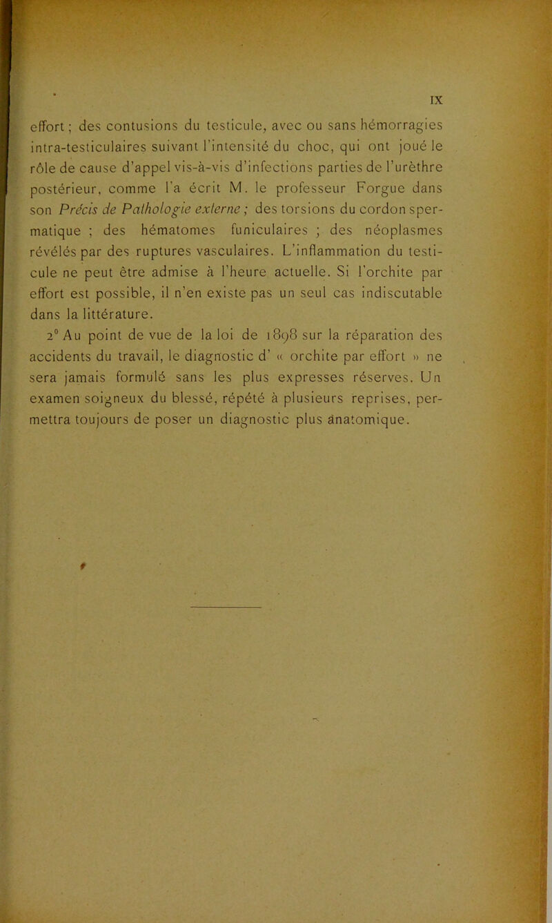 effort; des contusions du testicule, avec ou sans hémorragies intra-testiculaires suivant l’intensité du choc, qui ont joué le rôle de cause d’appel vis-à-vis d’infections parties de l’urèthre postérieur, comme l’a écrit M. le professeur Forgue dans son Précis de Pathologie externe ; des torsions du cordon sper- matique ; des hématomes funiculaires ; des néoplasmes révélés par des ruptures vasculaires. L’inflammation du testi- cule ne peut être admise à l’heure actuelle. Si l’orchite par effort est possible, il n’en existe pas un seul cas indiscutable dans la littérature. 2® Au point de vue de la loi de 1898 sur la réparation des accidents du travail, le diagnostic d’ « orchite par effort » ne sera jamais formulé sans les plus expresses réserves. Un examen soigneux du blessé, répété à plusieurs reprises, per- mettra toujours de poser un diagnostic plus ânatomique. f