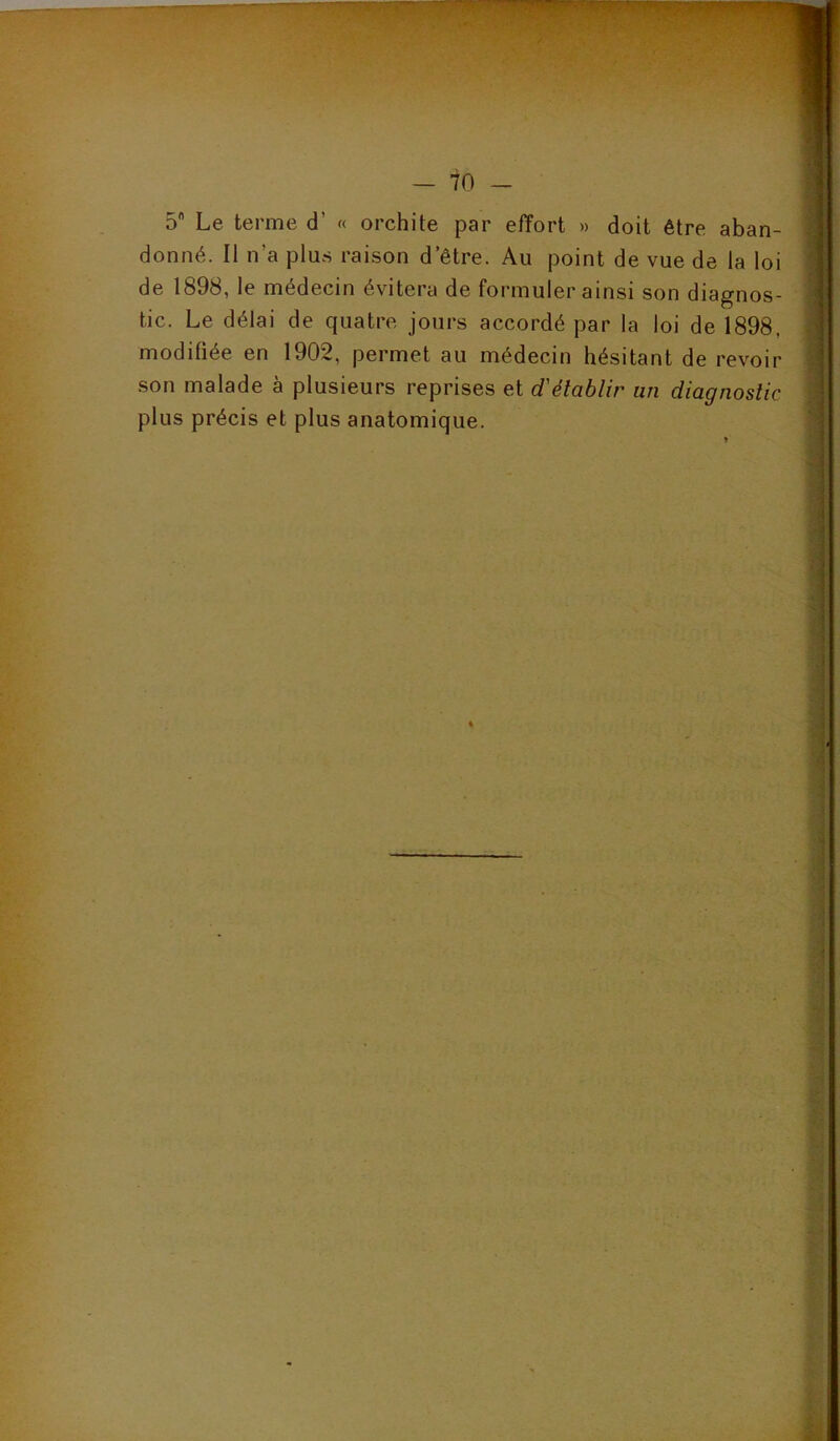 5 Le terme d’ « orchite par effort » doit être aban- donné. Il n’a plus raison d’être. Au point de vue de la loi de 1898, le médecin évitera de formuler ainsi son diagnos- tic. Le délai de quatre jours accordé par la loi de 1898, modifiée en 1902, permet au médecin hésitant de revoir son malade à plusieurs reprises et d'établir un diagnostic plus précis et plus anatomique.