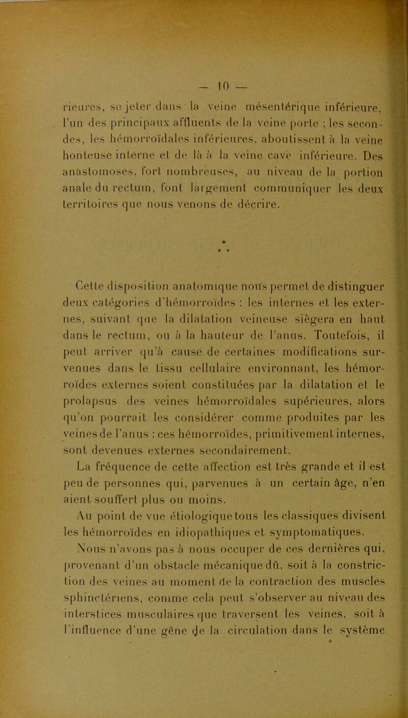 rieurcs, se je 1er dans la veine mésentérique inférieure, l’iin des principaux affluents de la veine porte ; les secon- des, les hémorroïdales inférieures, aboutissent à la veine honteuse interne et de là à la veine cave inférieure. Des anastomoses, fort nombreuses, au niveau de la portion anale du rectum, font largement communiquer les deux territoires que nous venons de décrire. * * 4 Cette disposition anatomique nous permet de distinguer deux catégories d’hémorroïdes: les internes et les exter- nes, suivant que la dilatation veineuse siégera en haut dans le rectum, ou à la hauteur de l’anus. Toutefois, il peut arriver (|u’à cause de certaines modifications sur- venues dans le tissu cellulaire environnant, les hémor- roïdes externes soient constituées par la dilatation et le prolapsus des veines hémorroïdales supérieures, alors qu’on pourrait les considérer comme produites par les veines de l’anus : ces hémorroïdes, primitivement internes, sont devenues externes secondairement. La fréquence de cette affection est très grande et il est peu de personnes qui, parvenues à un certain âge, n’en aient souffert plus ou moins. Au point de vue étiologique tous les classiques divisent les hémoiT’oïdes en Idiopathiques et symptomatiques. Nous n’avons pas à nous occuper de ces dernières qui, provenant d’un obstacle mécanique dû, soit à la constric- tion des veines au moment de la contraction des muscles sphinctériens, comme cela peut s’observer au niveau des interstices musculaires que traversent les veines, soit à l’influence d’une gêne de la circulation dans le système