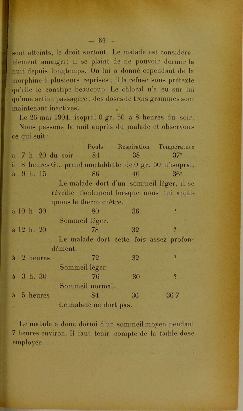 sont atteints, le droit surtout. Le malade est considéra- blement amaigri; il se plaint de ne pouvoir dormir la nuit depuis longtemps. On lui a donné cependant de la morphine à plusieurs reprises ; il la refuse sous prétexte qu’elle le constipe beaucoup. Le chloral n’a eu sur lui qu’une action passagère ; des doses de trois grammes sont maintenant inactives. Le 26 mai 1904, isopral 0 gr. 50 à 8 heures du soir. Nous passons la nuit auprès du malade et observons ce qui suit: Pouls Respiration Température à 7 h. 20 du soir 84 38 37“ à 8 heures G... prend une tablette de 0 gr. 50 d’isopral. h 9 h. 15 86 40 36“ Le malade dort d’un sommeil léger, il se réveille facilement lorsque nous lui appli- quons le thermomètre. h 10 h. 30 80 ' 36 7 Sommeil léger. a 12 h. 20 78 32 9 Le malade dort cette fois^ assez proton- dément. à 2 heures 72 32 ? Sommeil léger. à 3 h. 30 76 30 ? Sommeil normal. à 5 heures 84 36 36“7 Le malade ne dort pas. Le malade a donc dormi d’un sommeil moyen pendant 7 heures environ. Il faut tenir compte de la faible dose employée.