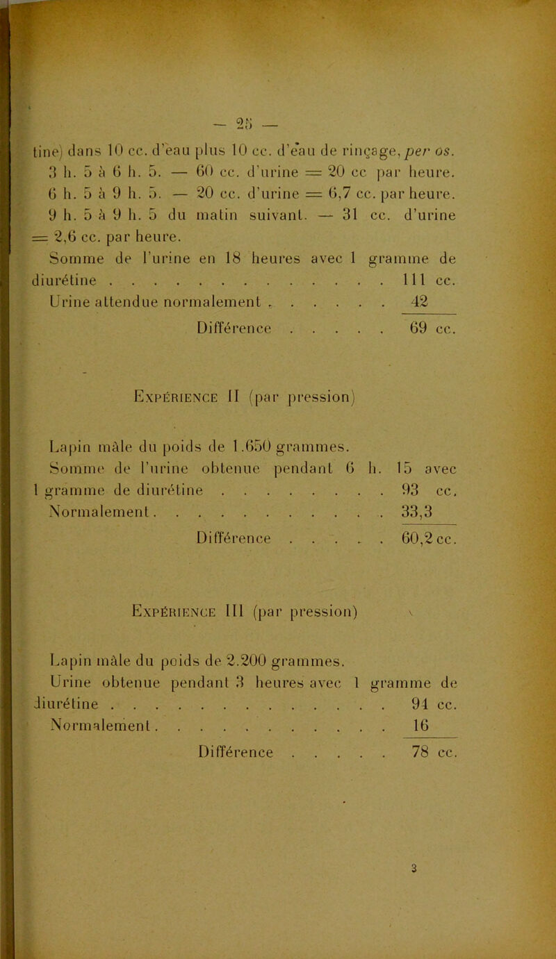 d 11. 5 à 6 h. 5. — 6<) cc. d’urine = 20 cc par heure. G h. 5 à 9 h. 5. — 20 cc. d’urine = G,7 cc. par heure. 9 h. 5 à 9 h. 5 du malin suivant. — 31 cc. d’urine = 2,G cc. par heure. Somme de l’urine en 18 heures avec 1 gramme de diuréline 111 cc. Urine altendue normalement 42 Différence . . . . 69 cc. Expérience 11 (par pression) Lapin mâle du poids de 1.650 grammes. Somme de l’urine obtenue pendant G h. 15 avec 1 gramme de diurétine 93 cc. Normalement . 33,3 Différence . . . . . 60,2 cc. Expérience 111 (par pression) I.apin mâle du poids de 2.200 grammes. Urine obtenue pendant 3 heures avec 1 gramme de diurétine 94 cc. Normalement . 16 Différence . . . . 78 cc. 3