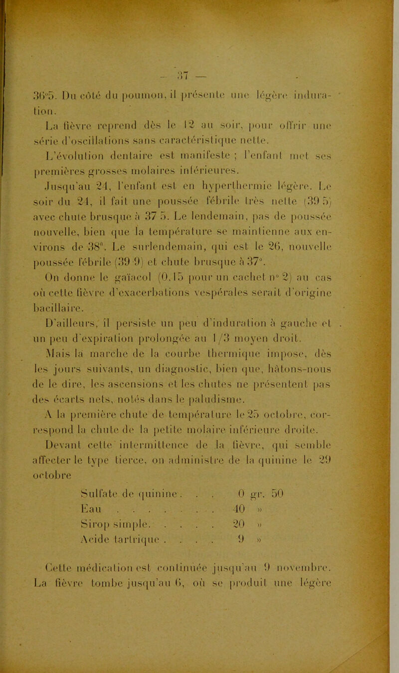 3r»'’5. Du cùlé (lu |)OUUiou, il présculc; uiu'. l(W(u-('; iiulurn- tioii. l^a lièvre l'cprcnd dès le 1*2 au soir, pour olVrir uiu' s(M-ie d’oscillalioiis sans eai-acléristi(pie uelle. premières gi'osses molaires iulérieures. Jus(iu’au 21, renraiiL est en hyptu-Lhermic l(*gère. I,e soir du 21, il fait une poussée fébrile très uelle (39 5) avec chute brus([ue à 37 5. Le lendemain, pas de poussée nouvelle, bien (jue la température se rnainlienne aux en- virons de 38. Le surlendemain, (jui est le 2G, nouvelle poussée fébi'ile (39 9) et chute brusrjue à 37. On donne le gaïacol (0,15 pour un cachet n“ 2) au cas où cette fièvre d’exacerbations vesj)érales serait d’origine bacillaire. D’ailleurs,'il persiste un peu d’induration à gauche et un j>eu d'expiration prolongée au 1/3 moyen droit. Mais la marche de la courbe thermique impose, dès les jours suivants, un diagnostic, bien que, hàtons-nous de le dire, les ascensions et les chutes ne présentent [>as des écarts nets, notés dans le paludisme. A la première chute de température le25 octobre, cor- res()ond la chute de la |)cLite molaire inférieure droite. Devant celte' intermittence de la tièvrcg qui semble; affecter le type tierce, on administi'e de la quinine le 29 octobre Sulfate de (|uininc . Lan Siro|) simple. Acide tartriepie . 40 » 20 » 9 .) (hdte médication est couliuuée jusrpi’au t) novembre. La fièvre tombe jusqu’au O, où se produit une légère