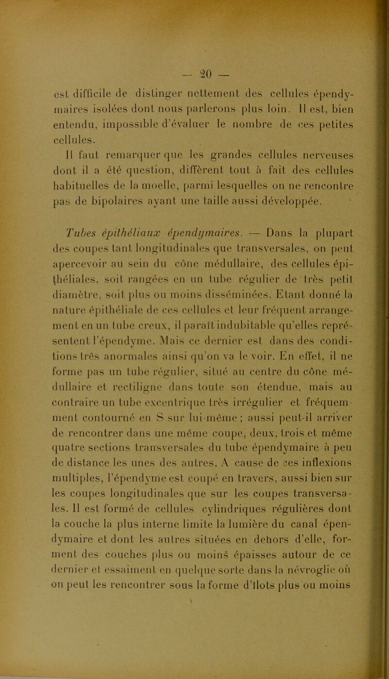 ^20 — csL difficile de dislinger nettement des cellules épendy- maires isolées dont nous parlerons |)lus loin. 11 est, bien entendu, impossible d’évaluer le nombre de ces petites cellules. Il faut remarquer que les grandes cellules nerveuses dont il a été question, diffèrent tout à fait des cellules habituelles de la moelle, parmi lesquelles on ne rencontre pas de bipolaires ayant une taille aussi développée. Tubes épithéliaux épendymaires. — Dans la plupart des cou])es tant longitudinales que transversales, on peut apercevoir au sein du cône médullaire, des cellules épi- théliales, soit rangées en un tube régulier de très petit diamètre, soit plus ou moins disséminées. Etant donné la nature é|)ithéliale de ces cellules et leur fréquent arrange- ment en un tube creux, il pai'aît indubitable f|u’elles repré- sentent l’épendyme. Mais ce dernier est dans des condi- tions très anormales ainsi qu’on va le voir. En effet, il ne forme pas un tube réguliei’, situé au centre du cône mé- dullaire et rectiligne dans toute son étendue, mais au contraire un tube excenlri(|uc très irrégulier et fréquem- ment contourné en S sui‘ lui-même; aussi peut-il arrivei* de rencontrer dans une même coupe, deux, trois et même quatre sections transversales du tube épendymaire à peu de distance les unes des autres. A cause de ces inflexions multiples, l’épendymeest coupé en travers, aussi bien sur les coupes longitudinales que sur les coupes transversa- les. 11 est formé de cellules cylindriques régulières dont la couche la plus interne limite la lumière du canal épen- dymaire et dont les autres situées en dehors d’elle, for- ment des couches plus ou moinâ épaisses autour de ce derniei“ et essaiment en quehjuc sorte dans la névroglie où on peut les rencontrer sous la forme d’îlots plus ou moins