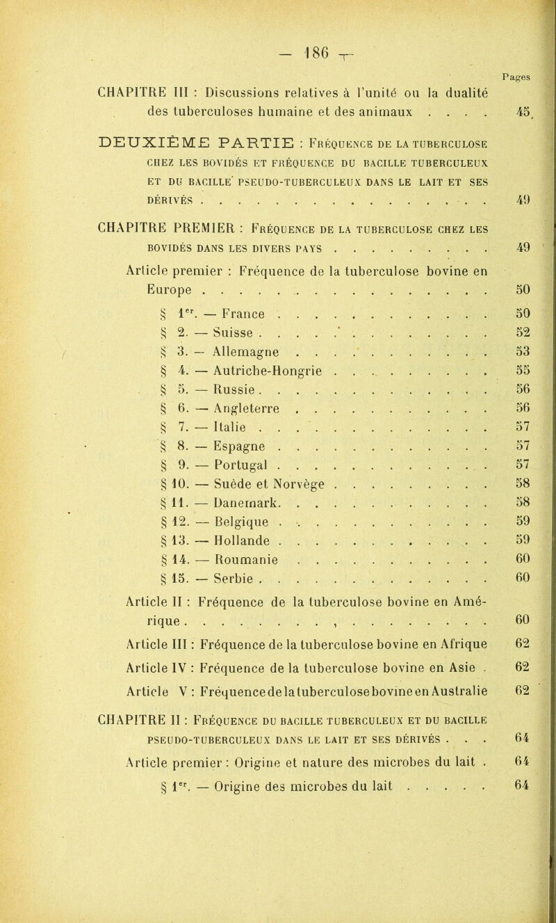 Pages CHAPITRE III : Discussions relatives à l’unité ou la dualité des tuberculoses humaine et des animaux .... 45, DEUXIÈME PARTIE : Fréquence de la tuberculose CHEZ LES BOVIDÉS ET FRÉQUENCE DU BACILLE TUBERCULEUX ET DU bacille' PSEUDO-TUBERCULEUX DANS LE LAIT ET SES DÉRIVÉS . 49 CHAPITRE PREMIER : Fréquence de la tuberculose chez les BOVIDÉS dans les DIVERS PAYS i 49 Article premier : Fréquence de la tuberculose bovine en Europe 50 § — France 50 § 2. — Suisse * 52 § 3. — Allemagne 53 § 4. — Autriche-Hongrie . 55 § 5. — Russie 56 § 6. — Angleterre 56 § 7. — Italie 57 § 8. — Espagne 57 § 9. — Portugal 57 § 10. — Suède et Norvège 58 § 11. — Danemark 58 § 12. — Belgique . • 59 § 13. — Hollande 59 § 14. — Roumanie 60 ^ 15. — Serbie . 60 Article II : Fréquence de la tuberculose bovine en Amé- rique 60 Article III : Fréquence de la tuberculose bovine en Afrique 62 Article IV : Fréquence de la tuberculose bovine en Asie . 62 Article V : Fréquencedelatuberculosebovine en Australie 62 CHAPITRE II : Fréquence du bacille tuberculeux et du bacille PSEUDO-TUBERCULEUX DANS LE LAIT ET SES DÉRIVÉS ... 64 Article premier: Origine et nature des microbes du lait . 64 § 1®^ — Origine des microbes du lait 64