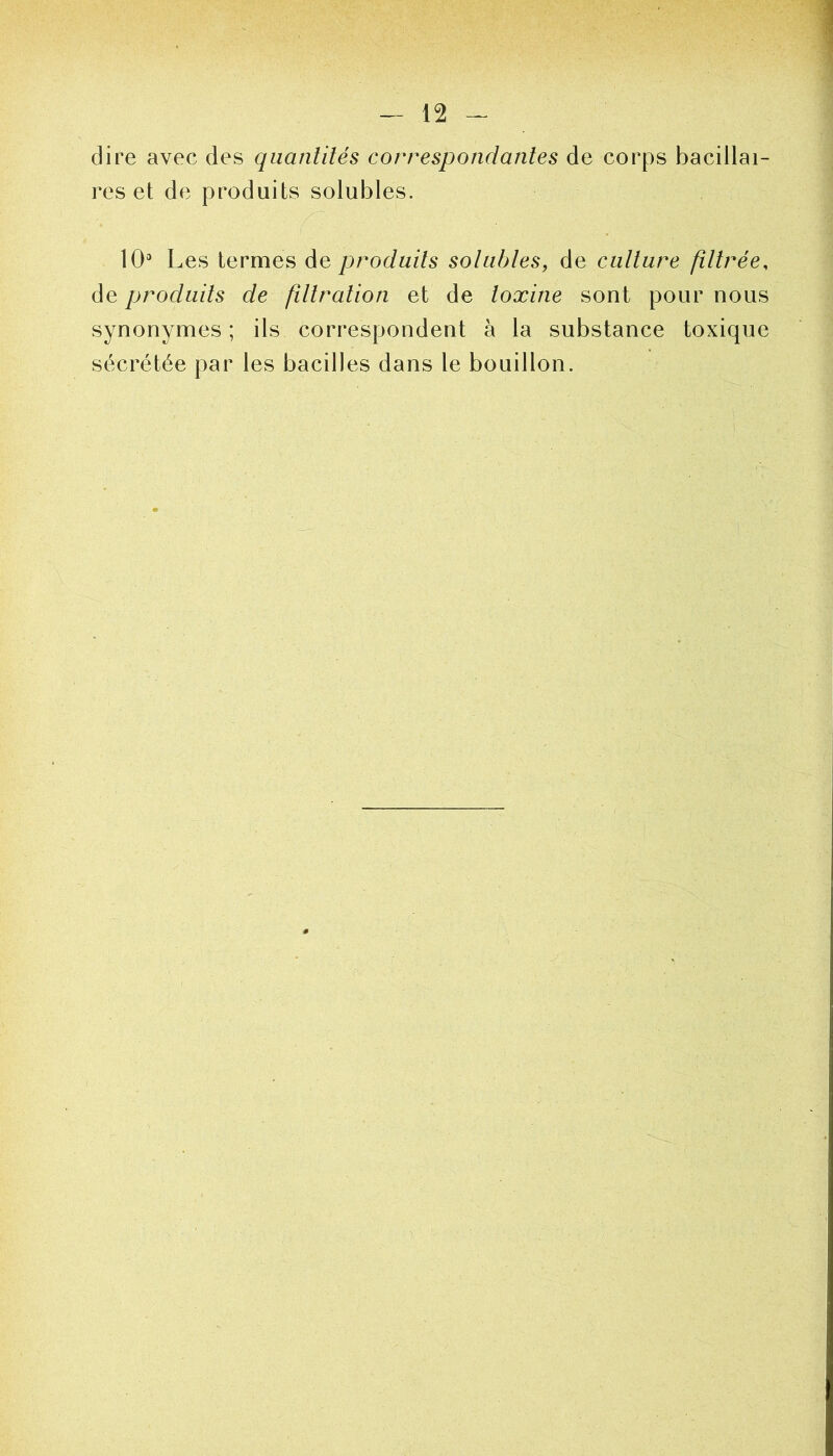 dire avec des quantités correspondantes de corps bacillai- res et de produits solubles. 10° Les termes de produits solubles, de culture filtrée, de produits de filtration et de toxine sont pour nous synonymes; ils correspondent à la substance toxique sécrétée par les bacilles dans le bouillon.