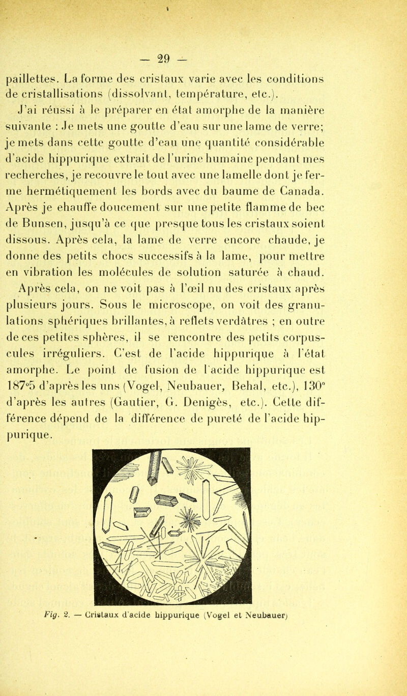 paillettes. La forme des cristaux varie avec les conditions de cristallisations (dissolvant, température, etc.). J’ai réussi à le préparer en état amorphe de la manière suivante : Je mets une goutte d’eau sur une lame de verre; je mets dans cette goutte d’eau une quantité considérable d’acide hippurique extrait de l’urine humaine pendant mes recherches, je recouvre le tout avec une lamelle dont je fer- me hermétiquement les bords avec du baume de Canada. Après je ehauffe doucement sur une petite flamme de bec de Bunsen, jusqu’à ce que presque tous les cristaux soient dissous. Après cela, la lame de verre encore chaude, je donne des petits chocs successifs à la lame, pour mettre en vibration les molécules de solution saturée à chaud. Après cela, on ne voit pas à l’œil nu des cristaux après plusieurs jours. Sous le microscope, on voit des granu- lations sphériques brillantes, à reflets verdâti*es ; en outre de ces petites sphères, il se rencontre des petits corpus- cules irréguliers. C’est de l’acide hippurique à l’état amorphe. Le point de fusion de l'acide hippurique est 187^^5 d’après les uns (Vogel, Neubauer, Behal, etc.), 130° d’après les antres (Gautier, G. Denigès, etc.). Cette dif- férence dépend de la différence de pureté de l’acide hip- purique. Fig. 2. — Cristaux d’acide hippurique (Vogel et Neubauerj