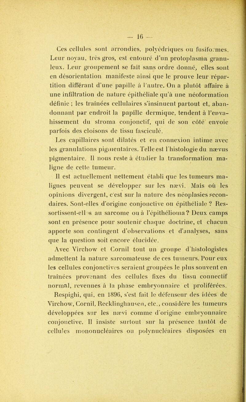 Ces cellules sont arrondies, polyédriques ou fusiformes. Leur noyau, très gros, est entouré d’un protoplasma granu- leux. Leur groupement se fait sans ordre donné, elles sont en désorientation manifeste ainsi que le prouve leur répar- tition différant d’une papille à l’autre. On a plutôt affaire à une infiltration de nature épithéliale qu’à une néoformation définie ; les traînées cellulaires s’insinuent partout et, aban- donnant par endroit la papille dermique, tendent à V enva- hissement du stroma conjonctif, qui de son côté envoie parfois des cloisons de tissu fasciculé. Les capillaires sont dilatés et en connexion intime avec les granulations pigmentaires. Telle est f histologie du naevus pigmentaire. Il nous reste à étudier la transformation ma- ligne de cette tumeur. Il est actuellement nettement établi que les tumeurs ma- lignes peuvent se développer sur les nævi. Mais où les opinions divergent, c'est sur la nature des néoplasies secon- daires. Sont-elles d’origine conjonctive ou épithéliale ? Res- sortissent-elLs au sarcome ou à l’épithélioma? Deux camps sont en présence pour soutenir chaque doctrine, et chacun apporte son contingent d’observations et d’analyses, sans que la question soit encore élucidée. Avec Virchow et Cornil tout un groupe d’histologistes admettent la nature sarcomateuse de ces tumeurs. Pour eux les cellules conjonctives seraient groupées le plus souvent en traînées provenant des cellules fixes du tissu connectif normal, revenues à la phase embryonnaire et proliférées. Respighi, qui, en 1896, s’est fait le défenseur des idées de Virchow, Cornil, Recklinghausen, etc., considère les tumeurs développées sur les nævi comme d’origine embryonnaire conjonctive. Il insiste surtout sur la présence tantôt de cellules mononucléaires ou polynucléaires disposées en