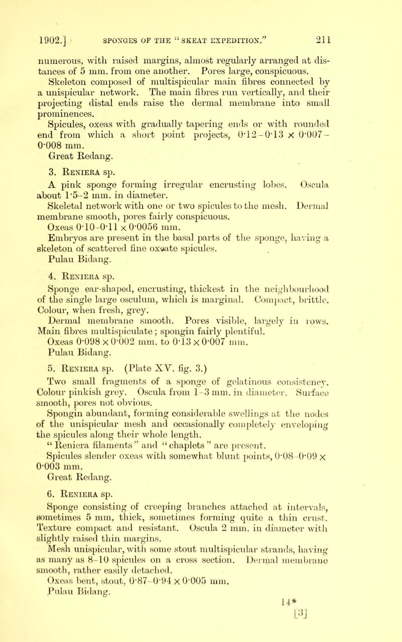 numerous, with raised margins, almost regularly arranged at dis- tances of 5 mm. from one another. Pores large, conspicuous. Skeleton composed of multispicular main fibres connected by a unispicular network. The main fibres run verticall}^, and their projecting distal ends raise the dermal membrane into small prominences. Spicules, oxeas with gradually tapering ends or with rounded end from which a short point projects, 0T2-0T3 X 0*007- 0*008 mm. Great Redang. 3. Reniera sp. A pink sponge forming irregular encrusting lobes. Oscula about 1*5-2 mm. in diameter. Skeletal network with one or two spicules to the mesh. Dermal membrane smooth, pores faiily conspicuous. Oxeas 0*10-0*11 x 0*0056 mm. Embryos are present in the basal parts of the sponge, having a skeleton of scattered fine oxaite spicules. Pulau Bidang. 4. Reniera sp. Sponge ear-shaped, encrusting, thickest in the neighbourhood of the single large osculum, which is marginal. Compact, brittle. Colour, when fresh, grey. Dermal membrane smooth. Poi*es visible, lai'gely in lows. Main fibres multispiculate; spongin fairly plentiful. Oxeas 0*098 x 0*002 mm. to 0*13 x 0*007 mm. Pulau Bidang. 5. Reniera sp. (Plate XV. fig. 3.) Two small fragments of a sponge of gelatinous consistency. Colour pinkish grey. Oscula from 1-3 mm. in diameter. Surface smooth, pores not obvious. Spongin abundant, forming considerable swellings at the nodes of the unispicular mesh and occasionally completely enveloping the spicules along their whole length. “ Reniera filaments” and “chaplets ” are present. Spicules slender oxeas with somewhat blunt points, 0*08-0*09 x 0*003 mm. Great Redang. 6. Reniera sp. Sponge consisting of creeping bi-anches attached at intervals, sometimes 5 mm, thick, sometimes forming quite a thin crust. Texture compact and resistant. Oscula 2 mm. in diameter witli slightly raised thin margins. Mesh unispicular, with some stout multispicular strands, having as many as 8-10 spicules on a cross section. Dermal membrane smooth, rather easily detached. Oxeas bent, stout, 0*87-0*94x0*005 mm. Pulau Bidang.