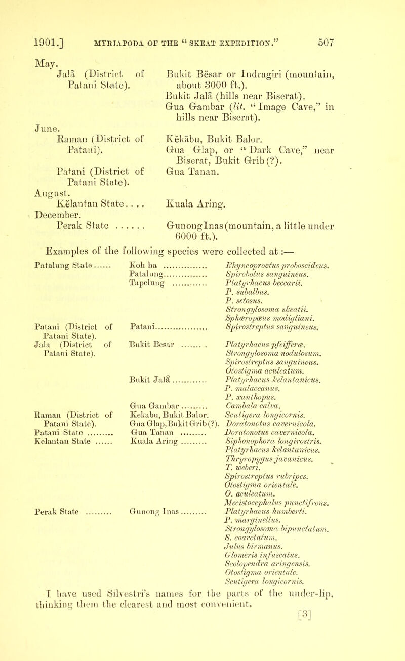 May. Jalfi (District of Pataiii State). June. Eainaii (District of Patau i). Patani (District of Paiani State). August. Ivelaiitaii State. . .. December. Perak State Bukit Besar or Indragiri (mountain, about 3000 ft.). Bukit Jala (hills near Biserat). Gua Gambar {lit. “ Image Cave,'’ in hills near Biserat). Kekabu, Bukit Balor. Gua Glap, or ‘‘ Dark Cave,” near Biserat, Bukit Grib(?). Gua Tanan. Kuala Aring. Gunonglnas(mountain, a little under 6000 ft.). Examples of the following species were collected at:—■ Patalung State Patani (District of Patani State). Jala (District of Patani State). Kaman (District of Patani State). Patani State Kelaiitan State Perak State Koh ba Ithyncoproctus prohoscidcus. Patakmg Spiroholiis sanguineus. Tapeluiig IHatyrhacus beccarii. P. suhalhus. P. setosus. Strongylosoma sl'eaHL SplicBropeeus modigliani. Patani Spirostreptus sang^imeus. Bukit Besar Bukit JalS Gua Gambar Kekabu, Bukit Balor. Gua Glap,Bukit Grib (?). Gua Tanan Kuala Aring Gunung Inas Platyrhacus pfciffcrce. Strongyloso m a nodu losum. Spirostreptus sanguineiis. Otostigma aculcatum. Ptadyrhacus kelantanicus. P. malaccanus. P. xanthopus. Camhala calva. Scutigera tongicornis. Doratonctus cavernicola. Doratonotus cavernicola. Siphonophora, longirosiris. Platyrhacus kelantanicus. Thryropygus javanicus, T. weheri. Spirostreptus ruhripcs. Otostigma orientate. O. acideatum. Mec istocep)halus p>it net if sons. Platyrhacus humherti. P. niarginellus. Strongylosoma hipun eta t um. S. coarctatum. Julus birmanus. (r lonieris infuscatus. Scolopendra aringensis. Otostigma orientate. Scutigera. longicornis. I luive used Silveslri’s names for the parts of (he tbiukiiig them the clearest and most convenient. under-lip, [•VI