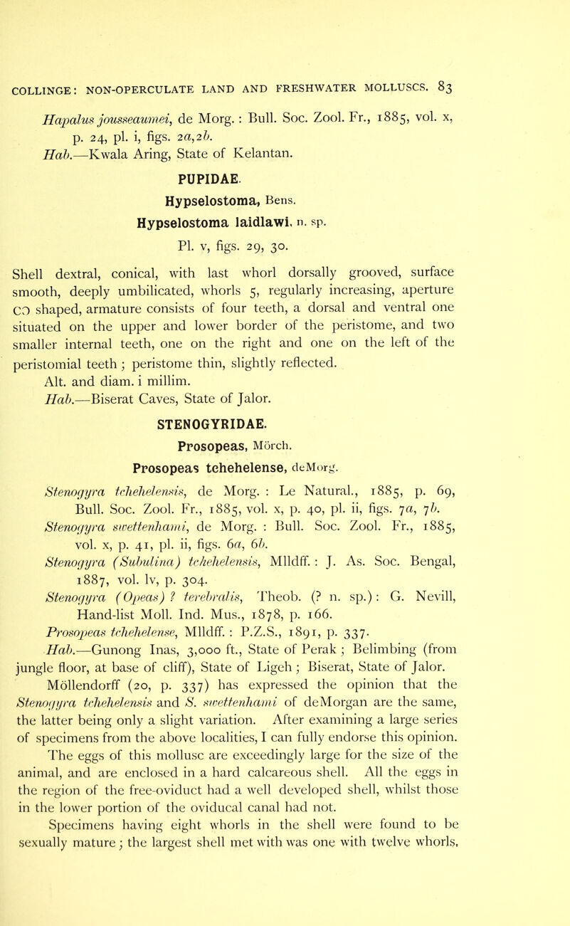 Hapalus jousseaumei, de Morg.: Bull. Soc. Zool. Fr., 1885, vol. x, p. 24, pi. i, figs. 2a,2h. Hah.—Kwala Aring, State of Kelantan. PUPIDAE. Hypselostoma, Bens. Hypselostoma laidlawi, n. sp. PI. V, figs. 29, 30. Shell dextral, conical, with last whorl dorsally grooved, surface smooth, deeply umbilicated, whorls 5, regularly increasing, aperture CO shaped, armature consists of four teeth, a dorsal and ventral one situated on the upper and lower border of the peristome, and two smaller internal teeth, one on the right and one on the left of the peristomial teeth; peristome thin, slightly reflected. Alt. and diam. i millim. Hah.—Biserat Caves, State of Jalor. STENOGYRIDAE. Prosopeas, Morch. Prosopeas tehehelense, deMorg. Stenogyra tcliehelemis, de Morg. : Le Natural, 1885, p. 69, Bull Soc. Zool. Fr., 1885, vol. x, p. 40, pi. ii, figs. 7a, ^h. Stenogyra swettenhaini, de Morg. ; Bull. Soc. Zool. Fr., 1885, vol. X, p. 41, pi. ii, figs. 6a, 6h. Stenogyra (SuhuUna) tckehele?isis, Mlldff. : J. As. Soc. Bengal, 1887, vol Iv, p. 304. Stenogyra (Opeas)? terehralis, Theob. (? n. sp.): G. Nevill, Hand-list Moll Ind. Mus., 1878, p. 166. Prosopeas tehehelense, Mlldff. : P.Z.S., 1891, p. 337. Hah.—Gunong Inas, 3,000 ft.. State of Perak ; Belimbing (from jungle floor, at base of cliff). State of Ligeh; Biserat, State of Jalor. Mollendorff (20, p. 337) has expressed the opinion that the Stenogyra tehelielensis and S. sniettenhami of de Morgan are the same, the latter being only a slight variation. After examining a large series of specimens from the above localities, I can fully endorse this opinion. The eggs of this mollusc are exceedingly large for the size of the animal, and are enclosed in a hard calcareous shell All the eggs in the region of the free-oviduct had a well developed shell, whilst those in the lower portion of the oviducal canal had not. Specimens having eight whorls in the shell were found to be sexually mature; the largest shell met with was one with twelve whorls,