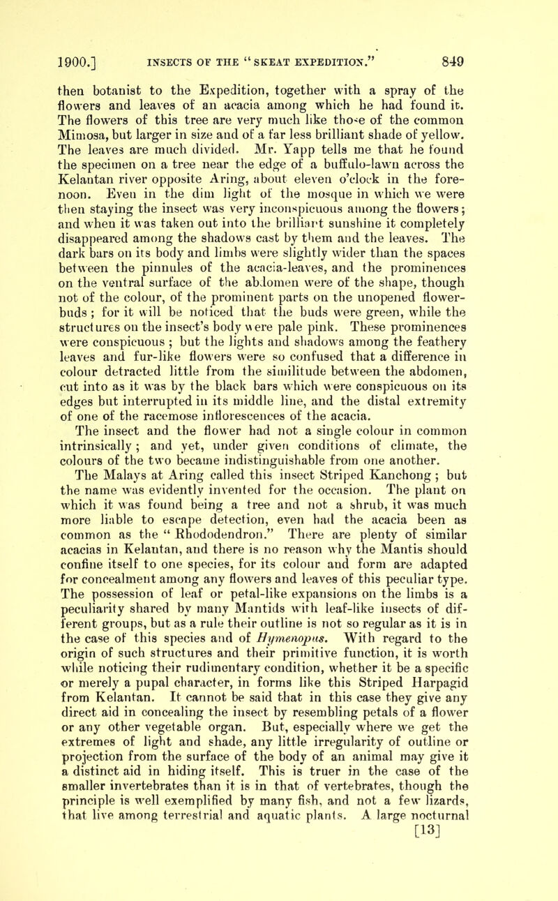 then botanist to the Expedition, together with a spray of the flowers and leaves of an acacia among which he had found it. The flowers of this tree are very much like tho'C of the common Mimosa, but larger in size and of a far less brilliant shade of yellow. The leaves are much divided. Mr. Yapp tells me that he found the specimen on a tree near the edge of a buffulo-lawn across the Kelantan river opposite Aring, about eleven o’clock in the fore- noon. Even in the dim light of the mosque in which we were then staying the insect was very inconspicuous among the flowers; and when it was taken out into the brilliant sunshine it completely disappeared among the shadows cast by them and the leaves. The dark bars on its body and limbs were slightly wider than the spaces between the pinnules of the acacia-leaves, and the prominences on the ventral surface of the abdomen were of the shape, though not of the colour, of the prominent parts on the unopened flower- buds ; for it will be noticed that the buds w^ere green, while the structures on the insect’s body vAere pale pink. These prominences were conspicuous ; but the lights and shadows among the feathery leaves and fur-like flowers were so confused that a difference in colour detracted little from the similitude between the abdomen, cut into as it was by the black bars which were conspicuous on its edges but interrupted in its middle line, and the distal extremity of one of the racemose inflorescences of the acacia. The insect and the flower had not a single colour in common intrinsically; and yet, under given conditions of climate, the colours of the two became indistinguishable from one another. The Malays at Aring called this insect Striped Kanchong ; but the name was evidently invented for the occasion. The plant on which it was found being a tree and not a shrub, it was much more liable to escape detection, even had the acacia been as common as the “ Ehododendron,” There are plenty of similar acacias in Kelantan, and there is no reason why the Mantis should confine itself to one species, for its colour and form are adapted for concealment among any flowers and leaves of this peculiar type. The possession of leaf or petal-like expansions on the limbs is a peculiarity shared by many Mantids with leaf-like insects of dif- ferent groups, but as a rule their outline is not so regular as it is in the case of this species and of Hymenopiis. With regard to the origin of such structures and their primitive function, it is worth wlnle noticing their rudimentary condition, whether it be a specific or merely a pupal character, in forms like this Striped Harpagid from Kelantan. It cannot be said that in this case they give any direct aid in concealing the insect by resembling petals of a flower or any other vegetable organ. But, especially where we get the extremes of light and shade, any little irregularity of outline or projection from the surface of the body of an animal may give it a distinct aid in hiding itself. This is truer in the case of the smaller invertebrates than it is in that of vertebrates, though the principle is well exemplified by many fish, and not a few lizards, that live among terrestrial and aquatic plants. A large nocturnal [13]