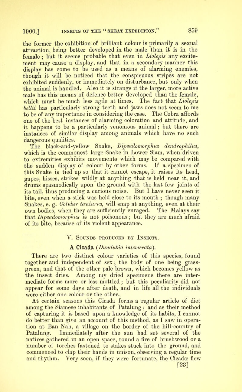 the former the exhibition of brilliant colour is primarily a sexual attraction, being better developed in the male than it is in the female; but it seems probable that even in Liolepis any excite- ment may cause a display, and that in a secondary manner this display has come to be used as a means of alarming enemies, though it will be noticed that the conspicuous stripes are not exhibited suddenly, or immediately on disturbance, but only when the animal is handled. Also it is strange if the larger, more active male has this means of defence better developed than the female, which must be much less agile at times. The fact that Liolepis helm has particularly strong teeth and jaws does not seem to me to be of any importance in considering the case. The Cobra affords one of the best instances of alarming coloration and attitude, and it happens to be a particularly venomous animal; but there are instances of similar display among animals which have no such dangerous qualities. The black-aud-yellow Snake, DipsadomorpTius dendrophilus, which is the commonest large Snake in Lower Siam, when driven to extremities exhibits movements which may be compared with the sudden display of colour by other forms. If a specimen of this Snake is tied up so that it cannot escape, it raises its head, gapes, hisses, strikes wildly at anything that is held near it, and drums spasmodically upon the ground with the last few joints of its tail, thus producing a curious noise. But I have never seen it bite, even when a stick was held close to its mouth ; though many Snakes, e. g. Coluber teeniurus^ will snap at anything, even at their own bodies, when they are sufficiently enraged. The Malays say that Dipsadomoiphus is not poisonous ; but they are much afraid of its bite, because of its violent appearance. V. Sounds pboduced by Insects. A Cicada (Dunduhia intemerata). There are two distinct colour varieties of this species, found together and independent of sex; the body of one being grass- green, and that of the other pale brown, which becomes yellow as the insect dries. Among my dried specimens there are inter- mediate forms more or less mottled; but this peculiarity did not appear for some days after death, and in life all the individuals were either one colour or the other. At certain seasons this Cicada forms a regular article of diet among the Siamese inhabitants of Fatalung ; and as their method of capturing it is based upon a knowledge of its habits, I cannot do better than give an account of this method, as I saw in opera- tion at Ban Nah, a village on the border of the hill-country of Patalung. Immediately after the sun had set several of the natives gathered in an open space, round a fire of brushwood or a number of torches fastened to stakes stuck into the ground, and commenced to clap their hands in unison, observing a regular time and rhythm. Very soon, if they were fortunate, the Cicadae flew [23]