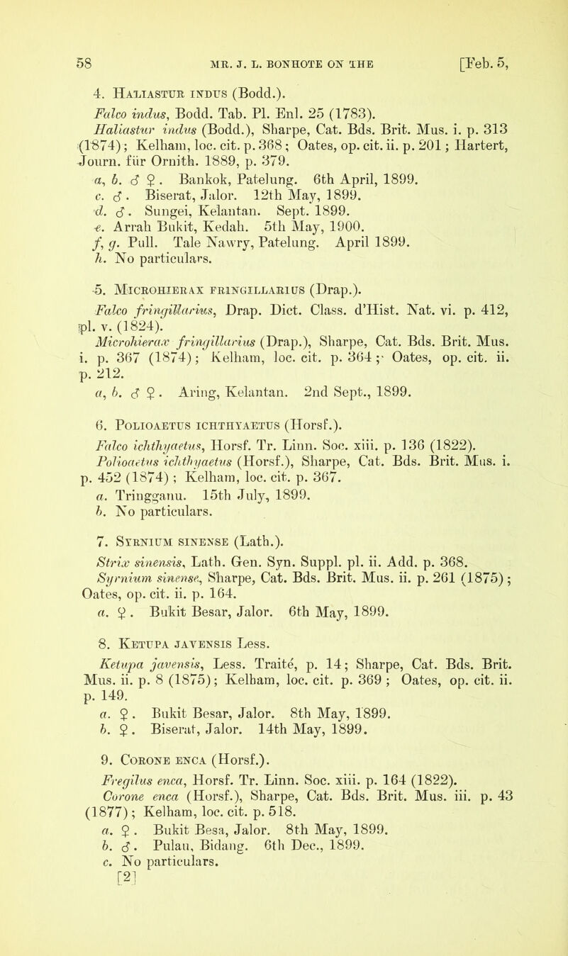 4. Haetastue INDUS (Bodd.). Falco Indus, Bodd. Tab. PL Enl. 25 (1783). Haliastur indus (Bodd.), Sharpe, Cat. Bds. Brit. Mus. i. p. 313 (1874); Kelham, loc. cit. p. 368; Oates, op. cit. ii. p. 201; Hartert, Joiirii. fiir Oroith. 1889, p. 379. <t, 6. c? $ . Bankok, Patelung. 6th April, 1899. c. (4- Biserat, Jalor. 12th May, 1899. d. (S . Sungei, Kelaiitan. Sept. 1899. €. Arrah Bukit, Kedah. 5th May, 1900. /, g. Pull. Tale Nawry, Patekmg. April 1899. h. No particulars. •5. M1CEOHIEEA.X FEiNGiLLAEius (Drap.). Falco frincfiUanus^ Drap. Diet. Class. d’Hist. Nat. vi. p. 412, ?pl. V. (1824)! i¥tcro/uV.mr /rmf7z7^um(s (Drap.), Sharpe, Cat. Bds. Brit. Mus. i. p. 367 (1874); Kelham, loc. cit. p. 364 Oates, op. cit. ii. p. 212. «, 6. <4 $ . Aring, Kelantan. 2nd Sept., 1899. 6. POLIOAETUS ICHTHYAETUS (Horsf.). Falco ichthyaetus, Horsf. Tr. Linn. Soc. xiii. p. 136 (1822). Polioaetus ichthyaetus (Horsf.), Sharpe, Cat. Bds. Brit. Mus. i. p. 452 (1874); Kelham, loc. cit. p. 367. a. TringgaTiu. 15th July, 1899. h. No particulars. 7. Syrnium sinense (Lath.). Strix sinensis. Lath. Gen. Syn. Suppl. pi. ii. Add. p. 368. Syrnium sinense, Sharpe, Cat. Bds. Brit. Mus. ii. p. 261 (1875); Oates, op. cit. ii. p. 164. a. ^ . Bukit Besar, Jalor. 6th May, 1899. 8. Ketupa javensis Less. Ketwpa javensis. Less. Traite, p. 14; Sharpe, Cat. Bds. Brit. Mus. ii. p. 8 (1875); Kelham, loc. cit. p. 369 ; Oates, op. cit. ii. p. 149. a. $ . Bukit Besar, Jalor. 8th May, 1899. h. $. Biserat, Jalor. 14th May, 1899. 9. Corone enca (Horsf.). Fregilus enca, Horsf. Tr. Linn. Soc. xiii. p. 164 (1822). Corone enca (Horsf.), Sharpe, Cat. Bds. Brit. Mus. hi. p. 43 (1877); Kelham, loc. cit. p. 518. a. $ . Bukit Besa, Jalor. 8th May, 1899. h. S • Pulau, Bidaug. 6th Dec., 1899. c. No particulars. [21