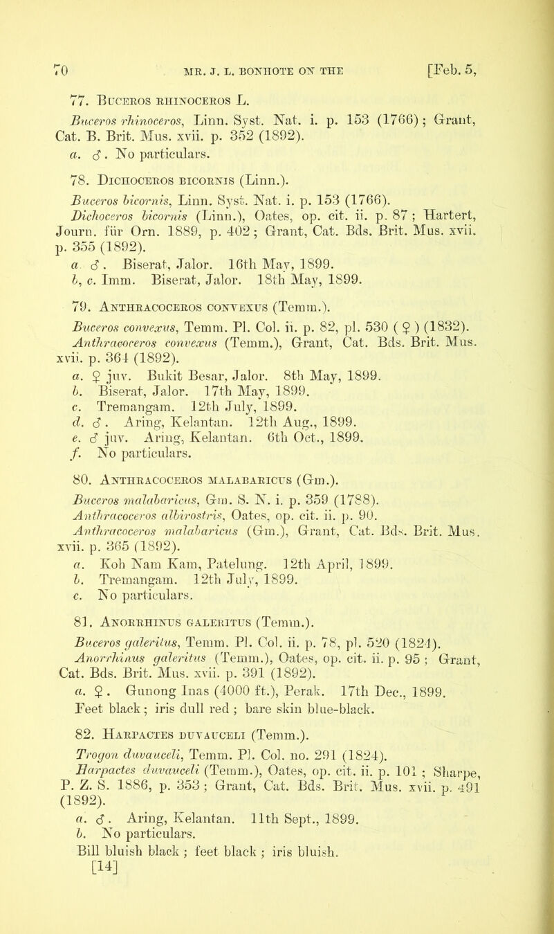 77. Blteros rhixoceros L. Buceros rhinoceros^ Linn. Syst. Nat. i. p. 153 (1766); Grant, Cat. B. Brit. Mus. xvii. p. 352 (1892). a. c? . No particulars. 78. Dichoceros eicorxis (Linn.). Buceros hicornis^ Linn. Syst. Nat. i. p. 153 (1766). Dichocei'os hicornis (Linn.), Oates, op. cit. ii. p. 87 ; Hartert, Journ. fiir Orn. 1889, p. 402; Grant, Cat. Eds. Brit. Mus. xvii. p. 355 (1892). a (4. Biserat, Jalor. 16th May, 1899. c. Imm. Biserat, Jalor. 18th May, 1899. 79. Axthracoceros coxvbxus (Temm.). Buceros convexus, Temra. PI. Col. in p. 82, pi. 530 ( 5 ) (1832). Anihraeoceros convexus (Temm.), Grant, Cat. Bds. Brit. Mus. xvii. p. 364 (1892). a. $ juv. Biikit Besar, Jalor. 8th May, 1899. h. Biserat, Jalor. 17th May, 1899. c. Tremangam. 12th July, 1899. d. (S . Aring, Kelantan. 12th Aug., 1899. e. d juv. Armg, Ivelantan. 6th Oct., 1899, f. No particulars. 80. Axthracoceros malabaricus (Gm.). Buceros mcdabaricus, Giu. 8. N. i. p. 359 (1788). Anihraeoceros alhirostris, Oates, op. cit. ii. p. 90. Anihraeoceros malabaricus (Gm.), Grant, Cat. Bds. Brit. Mus. xvii. p. 365 (1892). a. Koh Nam Kam, Patelung. 12th April, 1899. h. Tremangam. 12th July, 1899. c. No particulars. 81. Axorrhixus galeeitus (Temm.). Buceros gederitus, Temm. PI. Coh ii. p. 78, pi. 520 (1824). Anorrhiaus galeritus (Temm.), Oates, op. cit. ii. p. 95 ; Grant, Cat. Bds. Brit. Mus. xvii. p. 391 (1892). a. $ . Gunong luas (4000 ft.), Perak. 17th Dec., 1899. Feet black; iris dull red ; bare skin blue-black. 82. Harpactes hhyauceli (Temm.). Trogon duvauceli, Temm. PI. Col. no. 291 (1824). Harpactes duvauceli (Temm.), Oates, op. cit. ii. p. 101 ; Sharpe, P. Z. S. 1886, p. 353; Grant, Cat. Bds. Brit. Mus. xvii. p. 491 (1892). a. <5. Aring, Kelantan. 11th Sept., 1899. b. No particulars. Bill bluish black ; feet black ; iris bluish. [14]