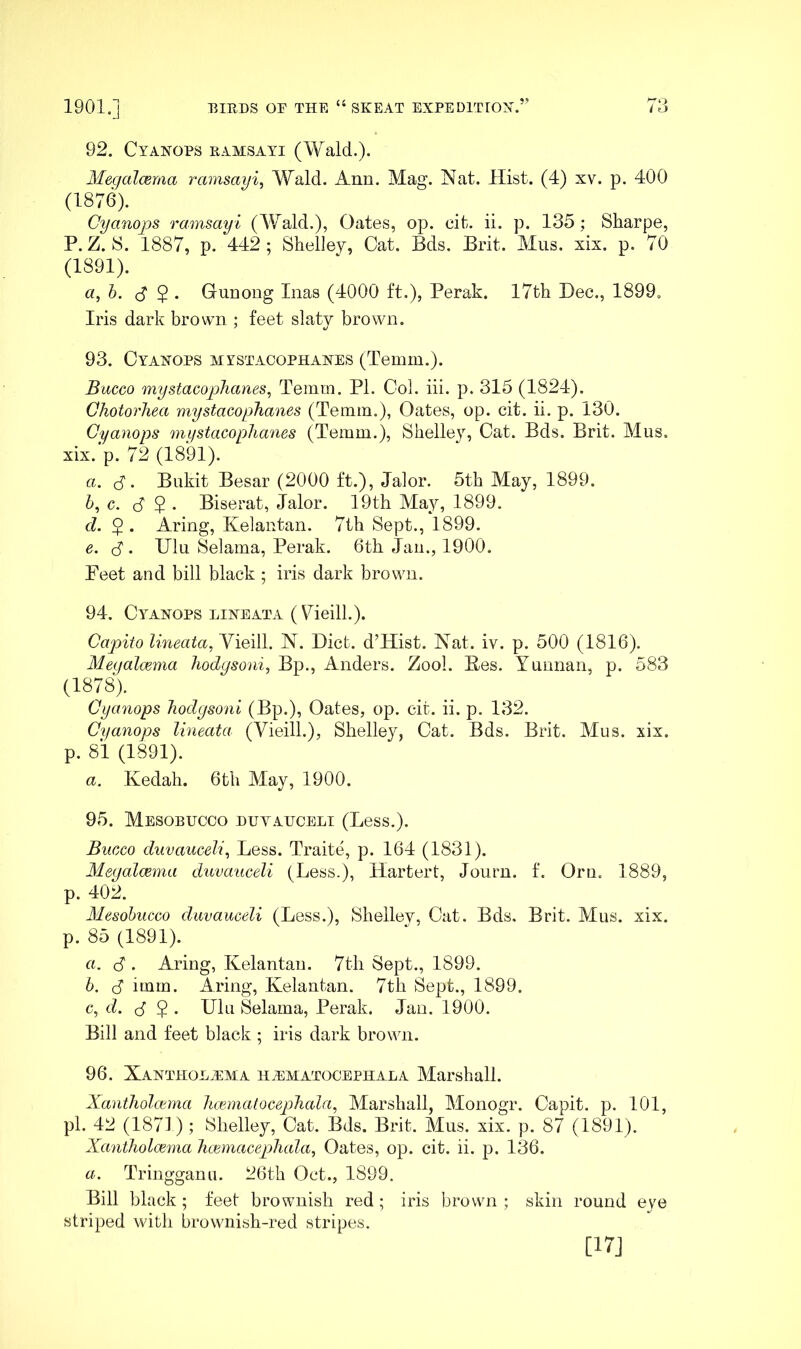 92. Cyanops ramsayi (Wald.). Mecjalcema ramsayi^ Wald. Ann. Mag. Nat. Hist. (4) xv. p. 400 (1876). Cyanojjs ramsayi (Wald.), Oates, op. cit. ii. p. 135 ; Sharpe, P. Z. S. 1887, p. 442; Shelley, Cat. Bds. Brit. Mus. xix. p. 70 (1891). a^h. B $ • GrUDong Inas (4000 ft.), Perak. 17th Dec., 1899. Iris dark brown ; feet slaty brown. 93. Cyanops mistacophanes (Temm.). Bucco mystacoplianes^ Temm. PI. Col. hi. p. 315 (1824). Chotorliea mystacophanes (Temm,), Oates, op. cit. ii. p. 130. Cyanops mystacophanes (Temm.), Shelley, Cat. Bds. Brit. Mus. xix. p. 72 (1891). а. B. Bukit Besar (2000 ft,), Jalor. 5th May, 1899. б, c. B $ . Biserat, Jalor. 19th May, 1899. d. 2- Aring, Kelantan. 7th Sept., 1899. e. B • Ulu Selama, Perak. 6th Jan., 1900. Peet and bill black ; iris dark brown. 94. Cyanops LINEATA (PieilL). Capito lineata, Vieill. N. Diet. d’Hist. Nat. iv. p. 500 (1816). Meyalcema hodysoni, Bp., Anders. Zool. Bes. Yunnan, p. 583 (1878). Cyanops hodysoni (Bp.), Oates, op. cit. ii. p. 132. Cyanops lineata (Vieill.), Shelley, Cat. Bds. Brit. Mus. xix. p. 81 (1891). a. Kedah. 6th May, 1900. 95. Mesobucco buyauceli (Less.). Bucco duvauceli^ Less. Traite, p. 164 (1831). MeyalcEma duvauceli (Less.), Hartert, Journ. f. Orn. 1889, p. 402. Mesobucco davauceU (Less.), Shelley, Cat. Bds. Brit. Mus. xix. p. 85 (1891). a. B . Aring, Kelantan. 7th Sept., 1899. b. B imm. Aring, Kelantan. 7th Sept., 1899. c. d. B 2 • Ulu Selama, Perak. Jan. 1900. Bill and feet black ; iris dark brown. 96. XANTHOLA5MA HiEMATOCEPHALA Marshall. Xantholcema hcemcttocephala, Marshall, Monogr. Capit. p. 101, pi. 42 (1871) ; Shelley, Cat. Bds. Brit. Mus. xix. p. 87 (1891). Xantholcema hcemacephcda, Oates, op. cit. ii. p. 136. a. Tringganu. 26th Oct., 1899. Bill black ; feet brownish red ; iris brown ; skin round eye striped with brownish-red stripes. [17J