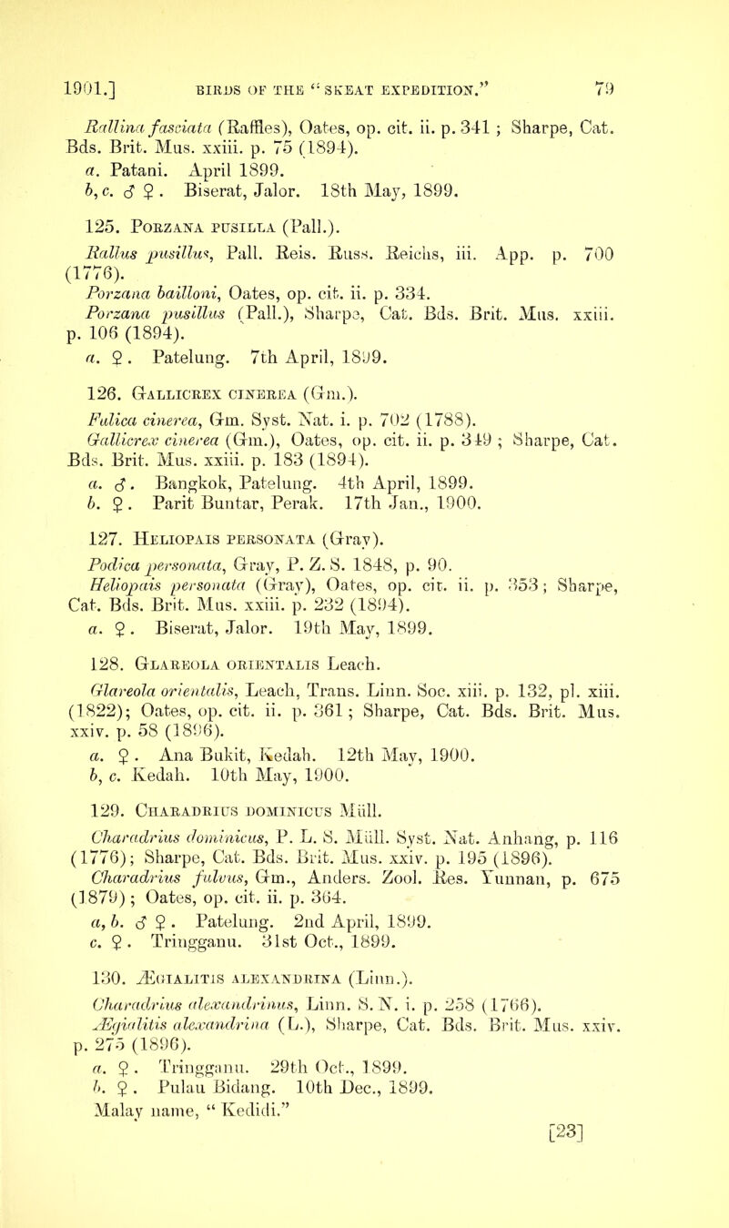 Rallina fasciata (Raffles), Oates, op. cit. ii. p. 341 ; Sharpe, Cat. Bds. Brit. Mus. xxiii. p. 75 (1894). а. Patani. April 1899. б, c. B . Biserat, Jalor. 18th Maj^, 1899. 125. PORZANA PHSILLA (Pall.). Rallus jjiisillm, Pall. Reis. Russ. Reichs, iii. App. p. 700 Porzana baiUoni, Oates, op. cit. ii. p. 334. Forzana pusillus (Pall.), Sharpe, Cat, Bds. Brit. Mus. xxiii. p. 106 (1894). a. 9 . Patelung. 7th April, 1899. 126. Gallicrex cinerea (Gm.). Fidica cinerea^ G-m. Syst. Nat. i. p. 702 (1788). Gallicrex cinerea (Gm.), Oates, op. cit. ii. p. 319 ; Sharpe, Cat. Bds. Brit. Mus. xxiii. p. 183 (1894). a. (d . Ba,ngkok, Patelung. 4th April, 1899. h. 2 . Parit Buiitar, Perak. 17th Jan., 1900. 127. Heliopais personata (Gray). Podica personata^ Gray, P. Z. *S. 1848, p. 90. Heliopais personata (Gray), Oates, op. cir. ii. p. 353 ; Sharpe, Cat. Bds. Brit. Mus. xxiii. p. 232 (1894). a. 9 . Biserat, Jalor. 19th Ma}^, 1899. 128. Geareola orientalis Leach. Glareola orientalis, Leach, Trans. Linn. Soc. xiii. p. 132, pi. xiii. (1822); Oates, op. cit. ii. p. 361; Sharpe, Cat. Bds. Brit. Mus. xxiv. p. 58 (1896). a. 2 • ^1^3. Bukit, Redah. 12th May, 1900. h, c. Kedah. 10th May, 1900. 129. ClIARADRIUS DOMINICUS Miill. Charadrius dominicus, P. L. S. Miill. Syst. Nat. Anhang, p. 116 (1776); Sharpe, Cat. Bds. Brit. Mus. xxiv. p. 195 (1896). Charadrius fulvus, Gm., Anders. Zool. Res. Yunnan, p. 675 (1879); Oates, op. cit. ii. p. 364. a, 6. B 2 • Patelung. 2nd April, 1899. c. 2 • Tringganu. 31st Oct., 1899. 130. ilAJIALITIS ALEXANDRINA (Lilin.). Charadrius alexandriniis, Linn. S. N. i. p. 258 (1766). ^‘Eqialitis alexandrina (L.), Sharpe, Cat. Bds. Brit. Mus. xxiv. p. 275 (1896). a. 2* Tringganu. 29th Oct., 1899. b. 2 . Pulau Bidang. 10th Dec., 1899. Malay name, “ Kedidi.” [23]