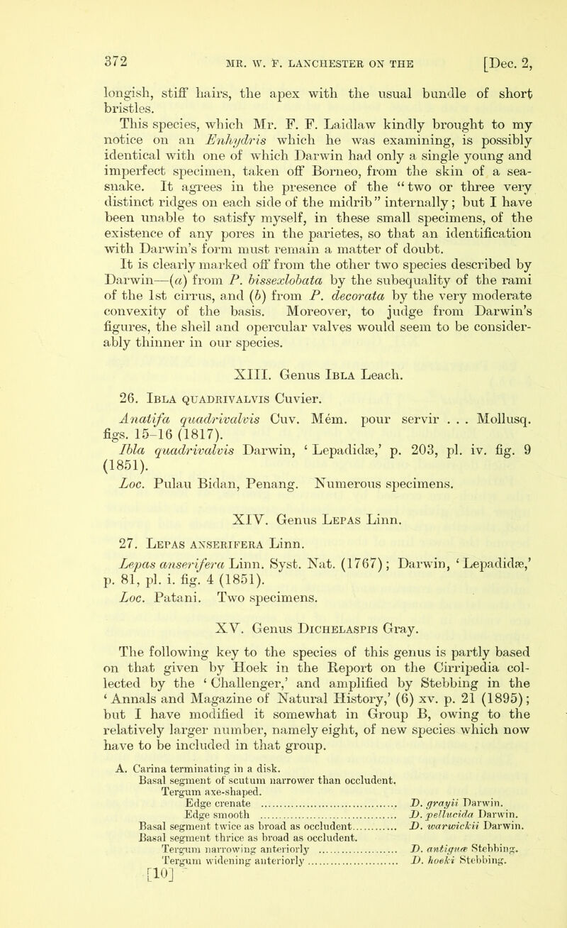 longish, stiff hairs, the apex with the usual bundle of short bristles. This species, which Mr. F. F. Laidlaw kindly brought to my notice on an Enhydris which he was examining, is possibly identical with one of which Darwin had only a single young and imperfect specimen, taken off Borneo, from the skin of a sea- snake. It agrees in the presence of the “two or three very distinct ridges on each side of the midrib ” internally; but I have been unable to satisfy myself, in these small specimens, of the existence of any pores in the parietes, so that an identification with Darwin’s form must remain a matter of doubt. It is clearly marked off from the other two species described by Darwin—(a) from P. bissexlobata by the subequality of the rami of the 1st cirrus, and (b) from P. decorata by the very moderate convexity of the basis. Moreover, to judge from Darwin’s figures, the shell and opercular valves would seem to be consider- ably thinner in our species. XIII. Genus Ibla Leach. 26. Ibla quahrivalvis Cuvier. Anatifa qucidrivalvis Cuv. Mem. pour servir . . . Mollusq. figs. 15-16 (1817). Ibla quadrivalvis Darwin, ‘ Lepadidse,’ p. 203, pi. iv. fig. 9 (1851). Loc. Pulau Bidan, Penang. Numerous specimens. XIY. Genus Lepas Linn. 27. Lepas anserifera Linn. Leyas anserif'era Linn. Syst. Nat. (1767); Darwin, ‘ Lepadidse,’ p. 81, pi. i. fig. 4 (1851). Loc. Patani. Two specimens. XY. Genus Dichelaspis Gray. The following key to the species of this genus is partly based on that given by Hoek in the Report on the Cirripedia col- lected by the ‘ Challenger,’ and amplified by Stebbing in the ‘Annals and Magazine of Natural History,’ (6) xv. p. 21 (1895); but I have modified it somewhat in Group B, owing to the relatively larger number, namely eight, of new species which now have to be included in that group. A. Carina terminating in a disk. Basal segment of scutum narrower than occludent. Tergum axe-shaped. Edge crenate D. grayii Darwin. Edge smooth D. yellucida Darwin. Basal segment twice as broad as occludent D. warwickii Darwin. Basal segment thrice as broad as occludent. Tergum narrowing anteriorly ID. antigure Stebbing. Tergum widening anteriorly D. koeJci Stebbing. [10] ‘