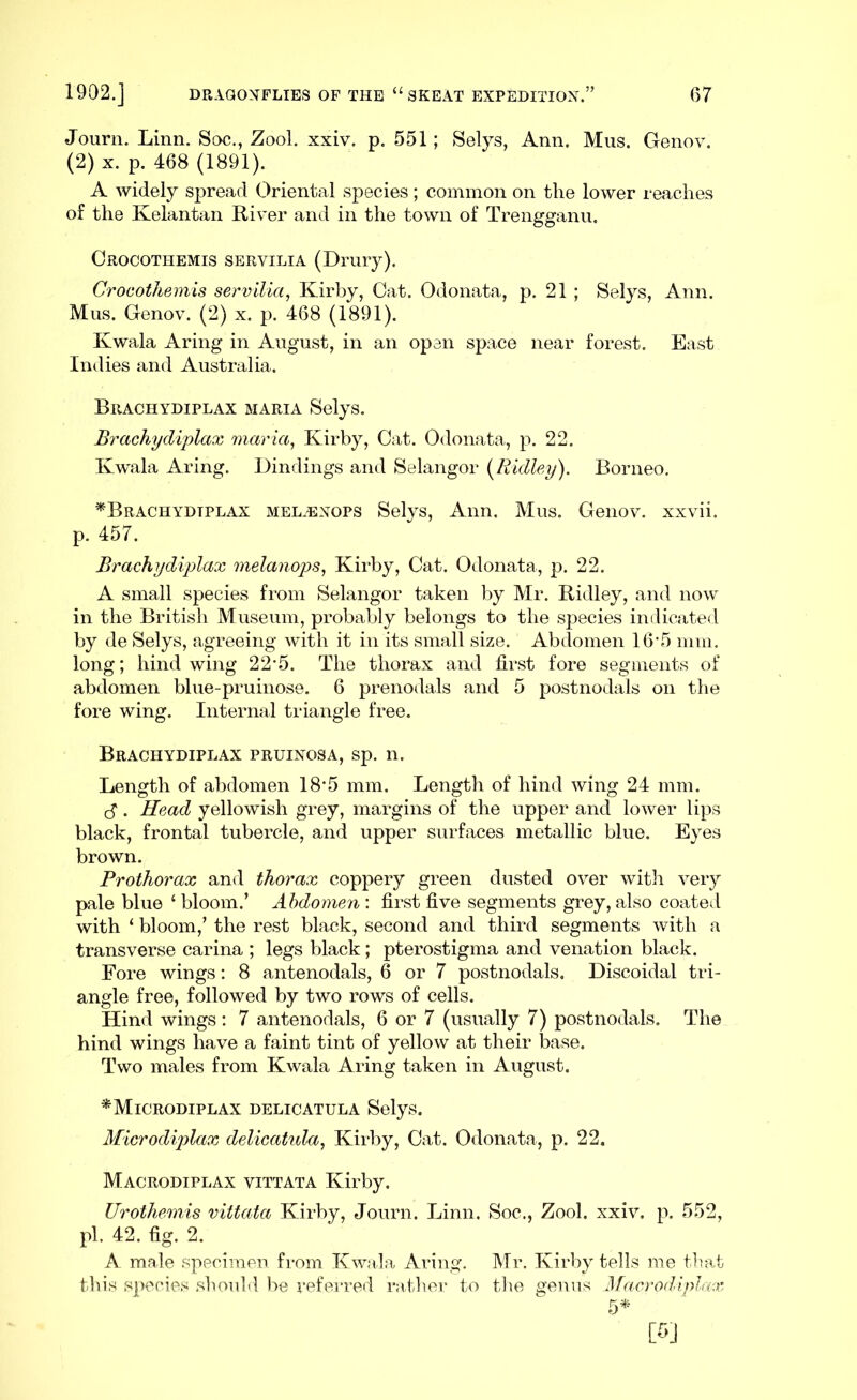 Journ. Linn. Soc., Zool. xxiv, p. 551; Selys, Ann. Mus. Genov. (2) X. p. 468 (1891). A Avidely spread Oriental species; common on the lower reaches of the Kelantan River and in the town of Trengganu. Crocothemis servilia (Drury). Crocotheinis servilia, Kirby, Cat. Odonata, p. 21 ; Selys, Ann. Mus. Genov. (2) x. p. 468 (1891). Kwala Aring in August, in an open space near forest. East Indies and Australia. Brachydiplax maria Selys. Brachydiplax maria, Kirby, Cat. Odonata, p. 22. Kwala Aring. Dindings and Selangor {^Ridley). Borneo. ^Brachydiplax mel^xops Selys, Ann. Mus. Genov, xxvii. p. 457. Brachydiplax melanojjs, Kirby, Cat. Odonata., p. 22. A small species fi-om Selangor taken by Mr. Ridley, and now in the British Museum, probably belongs to the species indicated by de Selys, agreeing with it in its small size. Abdomen 16‘5 mm. long; hind wing 22*5. The thorax and first fore segments of abdomen blue-pruinose. 6 prenodals and 5 postnodals on the fore wing. Internal triangle free. Brachydiplax pruinosa, sp. n. Length of abdomen 18-5 mm. Length of hind wing 24 mm. . Head yellowish grey, margins of the upper and loAver lips black, frontal tubercle, and upper surfaces metallic blue. Eyes brown. Prothorax and thorax coppery green dusted over with very pale blue ‘ bloom.’ Abdomen ; first five segments grey, also coated with ‘ bloom,’ the rest black, second and third segments with a transverse carina ; legs black; pterostigma and venation black. Fore wings: 8 antenodals, 6 or 7 postnodals. Discoidal tri- angle free, followed by two rows of cells. Hind wings; 7 antenodals, 6 or 7 (usually 7) postnodals. The hind wings have a faint tint of yellow at their base. Two males from Kwala Aring taken in August. ^Microdiplax delicatula Selys. Microdiplax delicatula, Kirby, Cat. Odonata, p. 22. Macrodiplax vittata Kirby. Urothemis vittata Kirby, Journ. Linn. Soc., Zool. xxiv. p. 552, pi. 42. fig. 2. A male specimen from Kwaia Aring. Mr. Kirby tells me that this species should be refeiTed rather to the genus h\racroddplax