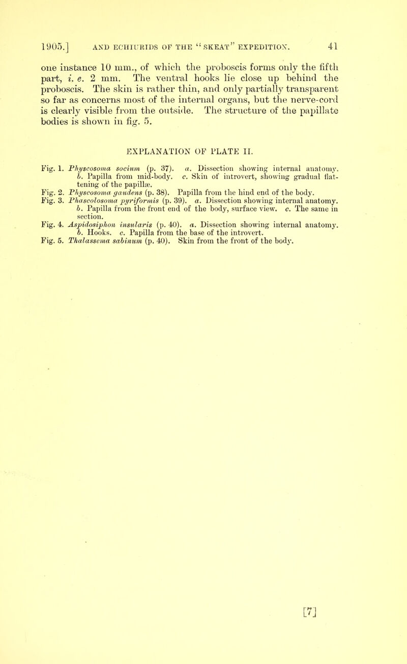 one instance 10 mm., of which the proboscis forms only the fifth part, i. e. 2 mm. The ventral hooks lie close up behind the proboscis. The skin is rather thin, and only partially transparent so far as concerns most of the internal organs, but the nerve-cord is clearly visible from the outside. The structure of the papillate bodies is shown in fig. 5. EXPLANATION OF PLATE II. Fig. 1. Fhi/$cosoma socium (p. 37). a. Dissection showing internal anatomy. h. Papilla from mid-body. c. Skin of introvert, showing gradual flat- tening of the papillfB. Fig. 2. Fhyscosoma gaudens (p. 38). Papilla from the hind end of the body. Fig. 3. Fhascolosoma pgriformis (p. 39). a. Dissection showing internal anatomy. h. Papilla from the front end of the body, surface view. c. The same in section. Fig. 4. Aspidosiphon insularis (p. 40). a. Dissection showing internal anatomy. h. Hooks, c. Papilla from the base of the introvert. Fig. 5. Thalassema sabinum (p. 40). Skin from the front of the body.