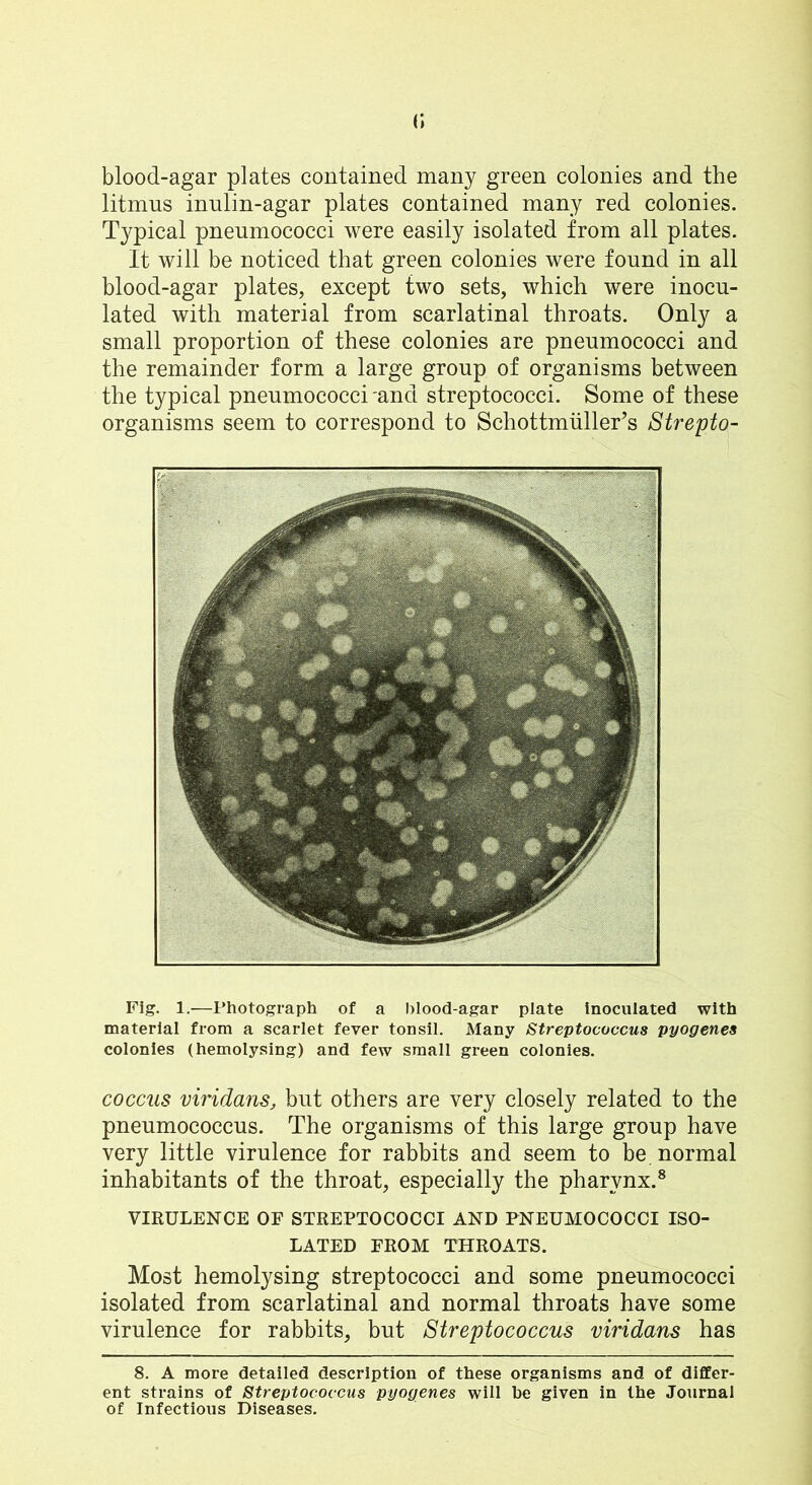 blood-agar plates contained many green colonies and the litmus inulin-agar plates contained many red colonies. Typical pneumococci were easily isolated from all plates. It will be noticed that green colonies were found in all blood-agar plates, except two sets, which were inocu- lated with material from scarlatinal throats. Only a small proportion of these colonies are pneumococci and the remainder form a large group of organisms between the typical pneumococci 'and streptococci. Some of these organisms seem to correspond to Schottmiiller’s Strepto- Fig. 1.—Photograph of a hlood-agar plate inoculated with material from a scarlet fever tonsil. Many Streptococcus pyogenes colonies (hemolysing) and few small green colonies. COCCUS viridans, but others are very closely related to the pneumococcus. The organisms of this large group have very little virulence for rabbits and seem to be normal inhabitants of the throat, especially the pharynx.® VIRULENCE OF STREPTOCOCCI AND PNEUMOCOCCI ISO- LATED FROM THROATS. Most hemolysing streptococci and some pneumococci isolated from scarlatinal and normal throats have some virulence for rabbits, but Streptococcus viridans has 8. A more detailed description of these organisms and of differ- ent strains of Streptococcus pyogenes will be given in the Journal of Infectious Diseases.