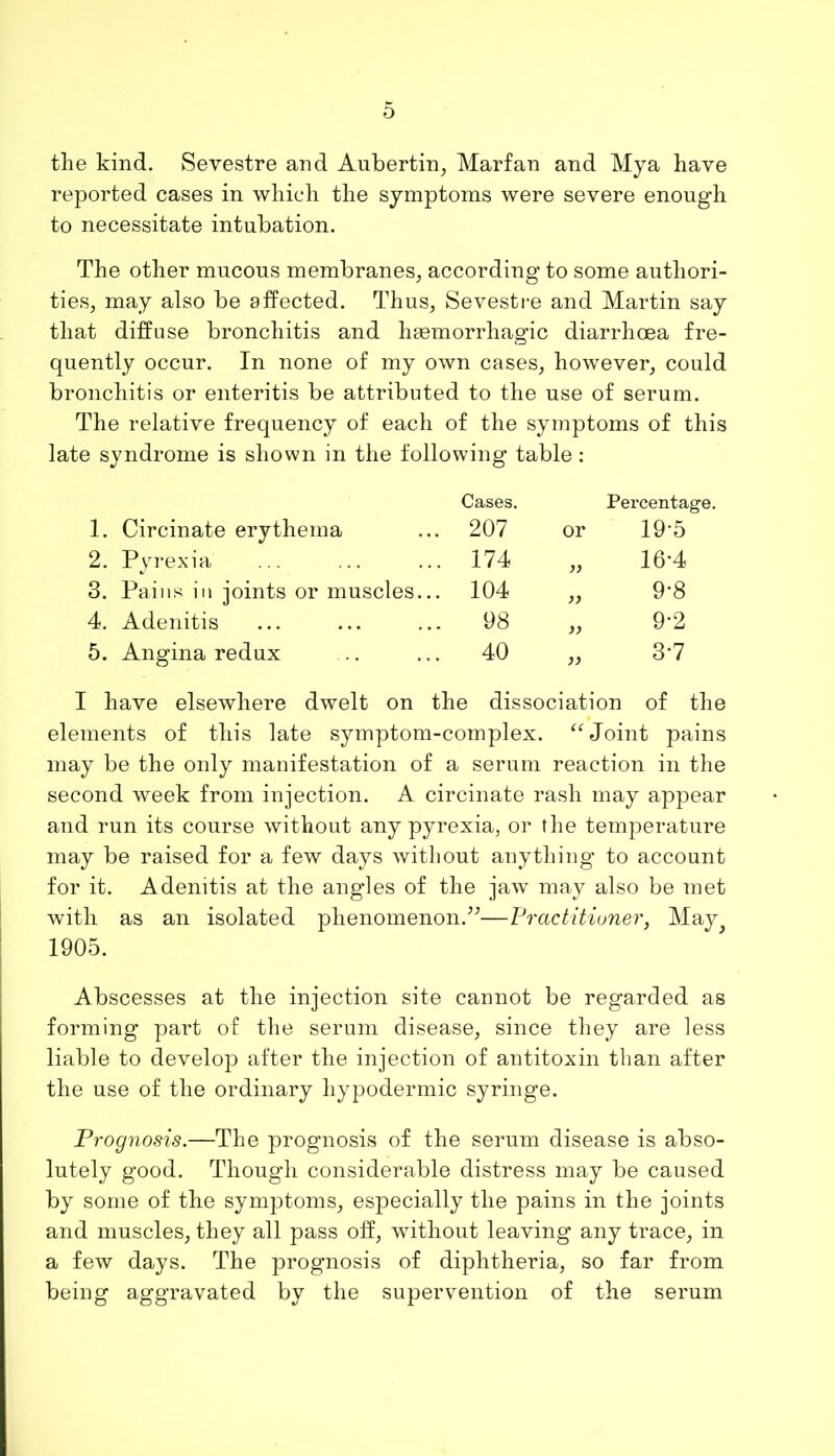 o the kind. Sevestre and Aubertin, Marfan and My a have reported cases in which the symptoms were severe enough to necessitate intubation. The other mucous membranes, according to some authori- ties, may also be affected. Thus, Sevestre and Martin say that diffuse bronchitis and haemorrhagic diarrhoea fre- quently occur. In none of my own cases, however, could bronchitis or enteritis be attributed to the use of serum. The relative frequency of each of the symptoms of this late syndrome is shown in the following table : 1. Circinate erythema Cases. 207 or Percentage. 19-5 2. Pyrexia 174 a 16-4 3. Pains in joints or muscles... 104 )> 9-8 4. Adenitis 98 j) 9-2 5. Angina redux 40 a 3-7 I have elsewhere dwelt on the dissociation of the elements of this late symptom-complex. “ Joint pains may be the only manifestation of a serum reaction in the second week from injection. A circinate rash may appear and run its course without any pyrexia, or the temperature may be raised for a few days without anything to account for it. Adenitis at the angles of the jaw may also be met with as an isolated phenomenon.”—Practitioner, May^ 1905. Abscesses at the injection site cannot be regarded as forming part of the serum disease, since they are less liable to develop after the injection of antitoxin than after the use of the ordinary hypodermic syringe. Prognosis.—The prognosis of the serum disease is abso- lutely good. Though considerable distress may be caused by some of the symptoms, especially the pains in the joints and muscles, they all pass off, without leaving any trace, in a few days. The prognosis of diphtheria, so far from being aggravated by the supervention of the serum