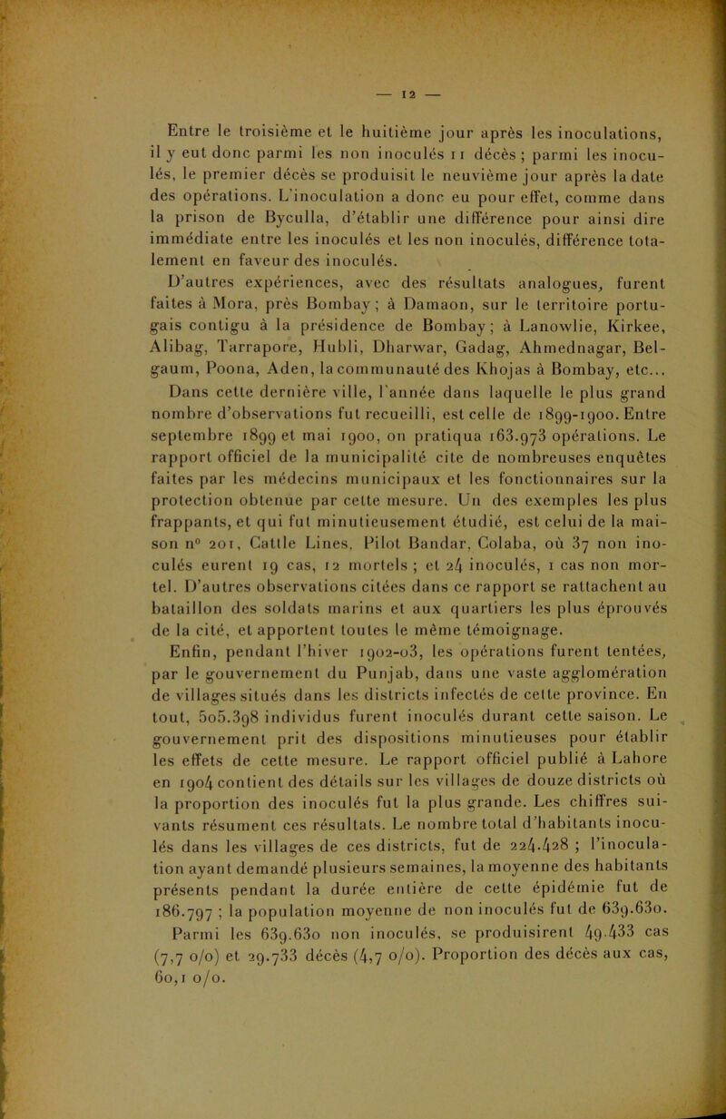 Entre le troisième et le huitième jour après les inoculations, il y eut donc parmi les non inoculés 11 décès; parmi les inocu- lés, le premier décès se produisit le neuvième jour après la date des opérations. L'inoculation a donc eu pour effet, comme dans la prison de Byculla, d’établir une différence pour ainsi dire immédiate entre les inoculés et les non inoculés, différence tota- lement en faveur des inoculés. D’autres expériences, avec des résultats analogues, furent faites à Mora, près Bombay; à Damaon, sur le territoire portu- gais contigu à la présidence de Bombay; à Lanowlie, Kirkee, Alibag, Tarrapore, Hubli, Dharwar, Gadag, Ahmednagar, Bel- gaum, Poona, Aden, la communauté des Khojas à Bombay, etc... Dans cette dernière ville, l'année dans laquelle le plus grand nombre d’observations fut recueilli, est celle de 1899-1900. Entre septembre 1899 et mai 1900, on pratiqua 168.973 opérations. Le rapport officiel de la municipalité cite de nombreuses enquêtes faites par les médecins municipaux et les fonctionnaires sur la protection obtenue par cette mesure. Un des exemples les plus frappants, et qui fut minutieusement étudié, est celui de la mai- son n° 201, Cattle Lines, Pilot Bandar, Colaba, où 37 non ino- culés eurent 19 cas, 12 mortels ; et 24 inoculés, 1 cas non mor- tel. D’autres observations citées dans ce rapport se rattachent au bataillon des soldats marins et aux quartiers les plus éprouvés de la cité, et apportent toutes le même témoignage. Enfin, pendant l’hiver 1902-03, les opérations furent tentées, par le gouvernement du Punjab, dans une vaste agglomération de villages situés dans les districts infectés de celte province. En tout, 5o5.398 individus furent inoculés durant cette saison. Le gouvernement prit des dispositions minutieuses pour établir les effets de cette mesure. Le rapport officiel publié à Lahore en 1904 contient des détails sur les villages de douze districts où la proportion des inoculés fut la plus grande. Les chiffres sui- vants résument ces résultats. Le nombre total d habitants inocu- lés dans les villages de ces districts, fut de 224.42^ ; l’inocula- tion ayant demandé plusieurs semaines, la moyenne des habitants présents pendant la durée entière de cette épidémie fut de 186.797 » population moyenne de non inoculés fut de 63p.63o. Parmi les 63g.63o non inoculés, se produisirent 49■ 433 cas (7,7 0/0) et 29.733 décès (4,7 0/0). Proportion des décès aux cas, 60,1 0/0.