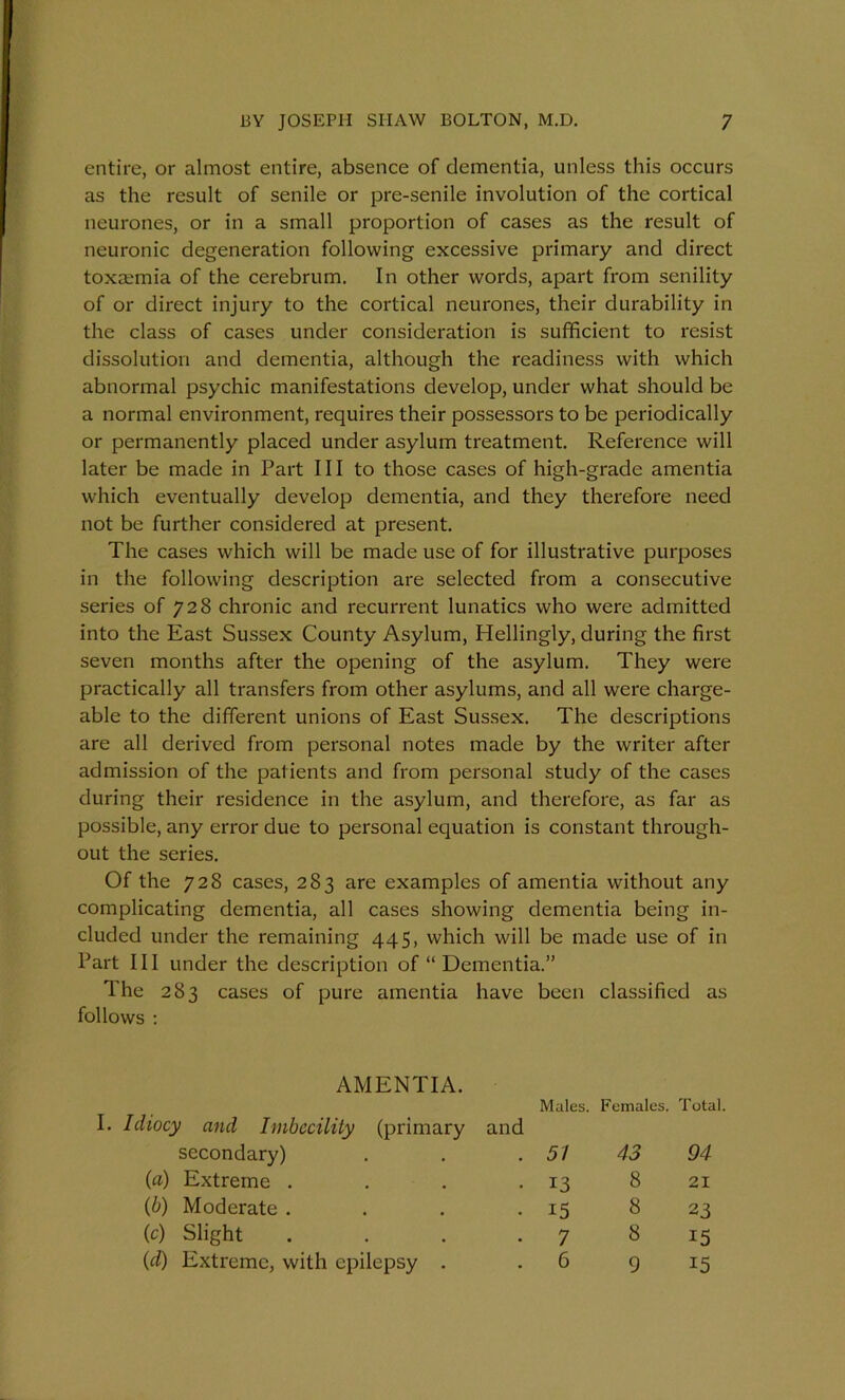 entire, or almost entire, absence of dementia, unless this occurs as the result of senile or pre-senile involution of the cortical neurones, or in a small proportion of cases as the result of neuronic degeneration following excessive primary and direct toxremia of the cerebrum. In other words, apart from senility of or direct injury to the cortical neurones, their durability in the class of cases under consideration is sufficient to resist dissolution and dementia, although the readiness with which abnormal psychic manifestations develop, under what should be a normal environment, requires their possessors to be periodically or permanently placed under asylum treatment. Reference will later be made in Part III to those cases of high-grade amentia which eventually develop dementia, and they therefore need not be further considered at present. The cases which will be made use of for illustrative purposes in the following description are selected from a consecutive series of 728 chronic and recurrent lunatics who were admitted into the East Sussex County Asylum, Hellingly, during the first seven months after the opening of the asylum. They were practically all transfers from other asylums, and all were charge- able to the different unions of East Sussex. The descriptions are all derived from personal notes made by the writer after admission of the patients and from personal study of the cases during their residence in the asylum, and therefore, as far as possible, any error due to personal equation is constant through- out the series. Of the 728 cases, 283 are examples of amentia without any complicating dementia, all cases showing dementia being in- cluded under the remaining 445, which will be made use of in Part III under the description of “ Dementia.” The 283 cases of pure amentia have been classified as follows : AMENTIA. Males. Females. Total. I. Idiocy and Imbecility (primary and secondary) . 51 43 94 {a) Extreme . • 13 8 21 (b) Moderate . • 15 8 23 (c) Slight • 7 8 15 (d) Extreme, with epilepsy . . 6 9 15