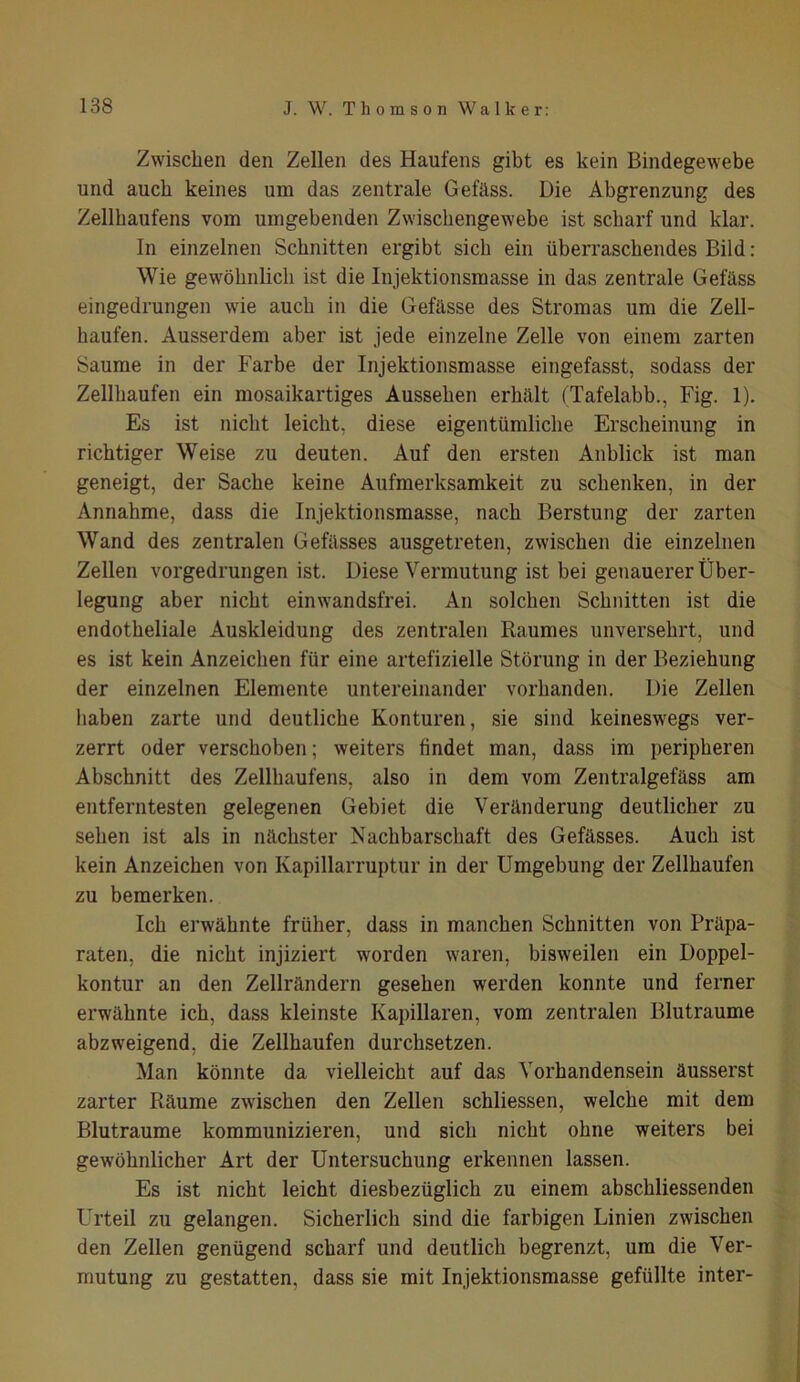 Zwischen den Zellen des Haufens gibt es kein Bindegewebe und auch keines um das zentrale Gefäss. Die Abgrenzung des Zellkaufens vom umgebenden Zwisckengewebe ist scharf und klar. In einzelnen Schnitten ergibt sicli ein überraschendes Bild: Wie gewöhnlich ist die Injektionsmasse in das zentrale Gefäss eingedrungen wie auch in die Gefässe des Stromas um die Zell- haufen. Ausserdem aber ist jede einzelne Zelle von einem zarten Saume in der Farbe der Injektionsmasse eingefasst, sodass der Zellhaufen ein mosaikartiges Aussehen erhält (Tafelabb., Fig. 1). Es ist nicht leicht, diese eigentümliche Erscheinung in richtiger Weise zu deuten. Auf den ersten Anblick ist man geneigt, der Sache keine Aufmerksamkeit zu schenken, in der Annahme, dass die Injektionsmasse, nach Berstung der zarten Wand des zentralen Gefässes ausgetreten, zwischen die einzelnen Zellen vorgedrungen ist. Diese Vermutung ist bei genauerer Über- legung aber nicht einwandsfrei. An solchen Schnitten ist die endotheliale Auskleidung des zentralen Raumes unversehrt, und es ist kein Anzeichen für eine artefizielle Störung in der Beziehung der einzelnen Elemente untereinander vorhanden. Die Zellen haben zarte und deutliche Konturen, sie sind keineswegs ver- zerrt oder verschoben; weiters findet man, dass im peripheren Abschnitt des Zellhaufens, also in dem vom Zentralgefäss am entferntesten gelegenen Gebiet die Veränderung deutlicher zu sehen ist als in nächster Nachbarschaft des Gefässes. Auch ist kein Anzeichen von Kapillarruptur in der Umgebung der Zellhaufen zu bemerken. Ich erwähnte früher, dass in manchen Schnitten von Präpa- raten, die nicht injiziert worden waren, bisweilen ein Doppel- kontur an den Zellrändern gesehen werden konnte und ferner erwähnte ich, dass kleinste Kapillaren, vom zentralen Blutraume abzweigend, die Zellhaufen durchsetzen. Man könnte da vielleicht auf das Vorhandensein äusserst zarter Räume zwischen den Zellen schliessen, welche mit dem Blutraume kommunizieren, und sich nicht ohne weiters bei gewöhnlicher Art der Untersuchung erkennen lassen. Es ist nicht leicht diesbezüglich zu einem abschliessenden Urteil zu gelangen. Sicherlich sind die farbigen Linien zwischen den Zellen genügend scharf und deutlich begrenzt, um die Ver- mutung zu gestatten, dass sie mit Injektionsmasse gefüllte inter-