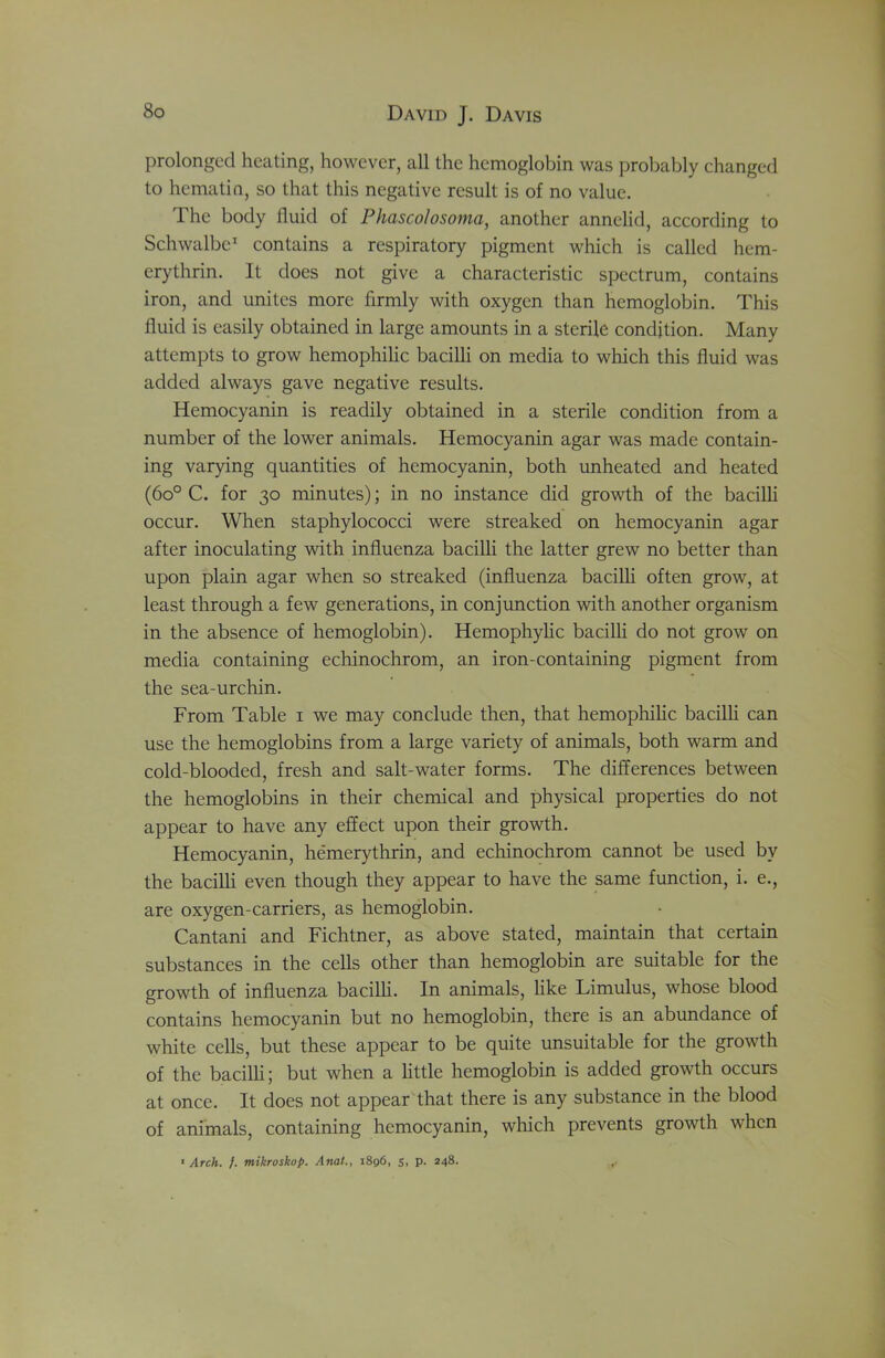 prolonged heating, however, all the hemoglobin was probably changed to hematio, so that this negative result is of no value. The body fluid of Phascolosoma, another annelid, according to Schwalbe contains a respiratory pigment which is called hem- erythrin. It does not give a characteristic spectrum, contains iron, and unites more iirmly with oxygen than hemoglobin. This fluid is easily obtained in large amounts in a sterile condition. Many attempts to grow hemophilic bacilli on media to which this fluid was added always gave negative results. Hemocyanin is readily obtained in a sterile condition from a number of the lower animals. Hemocyanin agar was made contain- ing varying quantities of hemocyanin, both unheated and heated (6o° C. for 30 minutes); in no instance did growth of the bacilh occur. When staphylococci were streaked on hemocyanin agar after inoculating with influenza bacilh the latter grew no better than upon plain agar when so streaked (influenza bacilh often grow, at least through a few generations, in conjunction with another organism in the absence of hemoglobin). Hemophyhc bacilh do not grow on media containing echinochrom, an iron-containing pigment from the sea-urchin. From Table i we may conclude then, that hemophilic bacilh can use the hemoglobins from a large variety of animals, both warm and cold-blooded, fresh and salt-water forms. The differences between the hemoglobins in their chemical and physical properties do not appear to have any effect upon their growth. Hemocyanin, hemerythrin, and echinochrom cannot be used by the bacilh even though they appear to have the same function, i. e., are oxygen-carriers, as hemoglobin. Cantani and Fichtner, as above stated, maintain that certain substances in the cells other than hemoglobin are suitable for the growth of influenza bacilh. In animals, like Limulus, whose blood contains hemocyanin but no hemoglobin, there is an abundance of white cells, but these appear to be quite unsuitable for the growth of the bacilh; but when a httle hemoglobin is added growth occurs at once. It does not appear that there is any substance in the blood of animals, containing hemocyanin, which prevents growth when ' Arch. /. mikroskop. Anal., 1896, s. P- 248.