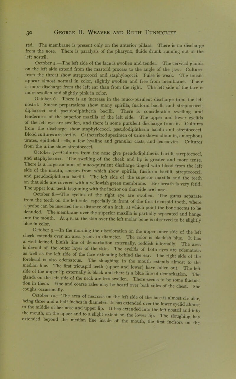 red. The membrane is present only on the anterior pillars. There is no discharge from the nose. There is paralysis of the pharynx, fluids drunk running out of the left nostril. October 4.—The left side of the face is swollen and tender. The cervical glands on the left side extend from the mastoid process to the angle of the jaw. Cultures from the throat show streptococci and staphylococci. Pulse is weak. The tonsils appear almost normal in color, slightly swollen and free from membrane. There is more discharge from the left ear than from the right. The left side of the face is more swollen and slightly pink in color. October 6.—There is an increase in the muco-purulent discharge from the left nostril. Smear preparations show many spirilla, fusiform bacilli and streptococci, diplococci and pseudodiphtheria bacilli. There is considerable swelling and tenderness of the superior maxilla of the left side. The upper and lower eyelids of the left eye are swollen, and there is some purulent discharge from it. Cultures from the discharge show staphylococci, pseudodiphtheria bacilli and streptococci. Blood cultures are sterile. Catheterized specimen of urine shows albumin, amorphous urates, epithelial cells, a few hyaline and granular casts, and leucocytes. Cultures from the urine show streptococci. October 7.—Cultures from the nose give pseudodiphtheria bacilli, streptococci, and staphylococci. The swelling of the cheek and lip is greater and more tense. There is a large amount of muco-purulent discharge tinged with blood from the left side of the mouth, smears from which show spirilla, fusiform bacilli, streptococci, and pseudodiphtheria bacilli. The left side of the superior maxilla and the teeth on that side are covered with a yellowish green membrane. Her breath is very fetid. The upper four teeth beginning with the incisor on that side are loose. October 8. The eyelids of the right eye are swollen. The gums separate from the teeth on the left side, especially in front of the first tricuspid tooth, where a probe can be inserted for a distance of an inch, at which point the bone seems to be denuded. The membrane over the superior maxilla is partially separated and hangs into the mouth. At 4 p. m. the skin over the left molar bone is observed to be slightly blue in color. October 9.—In the morning the discoloration on the upper inner side of the left cheek extends over an area 7 cm. in diameter. The color is blackish blue. It has a well-defined, bluish line of demarkation externally, reddish internally. The area is devoid of the outer layer of the skin. The eyelids of both eyes are edematous as well as the left side of the face extending behind the ear. The right side of the forehead IS also edematous. The sloughing in the mouth extends almost to the median line. The first tricuspid teeth (upper and lower) have fallen out. The left side of the upper lip externally is black and there is a blue fine of demarkation. The glands on the left side of the neck are less swoUen. There seems to be some fluctua- tion in them. Fine and coarse rales may be heard over both sides of the chest. She coughs occasionally. October 10.—The area of necrosis on the left side of the face is almost circular being three and a half inches in diameter. It has extended over the lower evelid almost to the middle of her nose and upper lip. It has extended into the left nostril and into the mouth, on the upper and to a slight extent on the lower lip. The sloughing has extended beyond the median line inside of the mouth, the first incisors on the