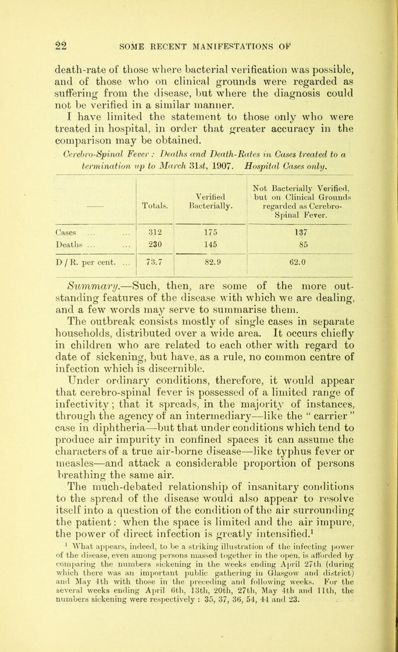 death-rate ot* those where bacterial verification was possible, and of those who on clinical grounds were regarded as sufiering from the disease, but where the diagnosis could not be verified in a similar manner. I have limited the statement to those only who were treated in hospital, in order that greater accuracy in the comparison may be obtained. Gerehro-Spinal Fever : Deaths and Death-Rates in Gases treated to a termination up to March 1907. Hospital Gases only. — Totals. Veritied Bacterially. Not Bacterially Verified, but on Clinical Grounds regarded as Cerebro- Spinal Fever. Cases 312 175 137 Deaths ... 230 145 85 D / R. per cent. ... 73.7 82.9 62.0 Summary.—Such, then, are some of the more out- standing features of the disease with which we are dealing, and a few words may serve to summarise them. The outbreak consists mostly of single cases in separate households, distributed over a wide area. It occurs chiefiy in children who are related to each other with regard to date of sickening, but have, as a rule, no common centre of infection which is discernible. Under ordinary conditions, therefore, it would appear that cerebro-spinal fever is possessed of a limited range of infectivity; that it spreads, in the majority of instances, through the agency of an intermediary—like the “ carrier ” case in diphtheria—but that under conditions which tend to produce air impurity in confined spaces it can assume the characters of a true air-borne disease—like typhus fever or measles—and attack a considerable proportion of persons breathing the same air. The much-debated relationship of insanitary conditions to the spread of the disease would also appear to resolve itself into a question of the condition of the air surrounding the patient: when the space is limited and the air impure, the power of direct infection is greatly intensified.^ ^ What appears, indeed, to be a striking illustration of the infecting power of the disease, even among persons massed together in the open, is afFcn’ded by comparing the numbers sickening in the weeks ending April 27th (during which there was an important public gatheiing in Glasgow and district) and May 1th with those in the preceding and following weeks. For the several weeks ending April 6th, 13th, 20th, 27th, May 4th and 11th, the numbers sickening were respectively : 35, 37, 36, 54, 44 and 23. --