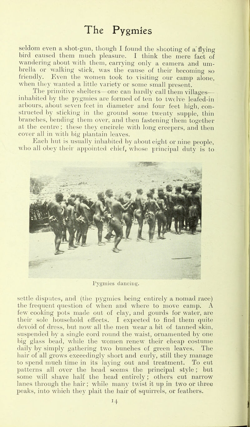 seldom even a shot-gun, though I found tlie shooting of a flying bird caused them much pleasure. I think the mere fact of wandering about with them, carrying only a camera and um- breila or walking stick, was the cause of their becoming so friendly. Even the women took to visiting our camp alone, when they granted a little variety or some small present. The primitive shelters—one can hardly call them villages— inhabited by the pygmies are formed of ten to twelve leafed-in arbours, about seven feet in diameter and four feet higb, con- structed by sticking in the ground some twenty supple, thin l)ranches, bending them over, and then fastening them together at the centre; these tlie}' encircle with long creepers, and then cover all in with big plantain leaves. Each hut is usually inhabited by about eight or nine people, who all obey their appointed chief, wdiose principal duty is to Pygmies dancing. settle disputes, and (the pygmies being entirely a nomad race) the frequent question of when and where to move camp. A few cooking pots made out of clay, and gourds for water, are their sole household effects. I expected to find them quite devoid of dress, l)ut now all the men wear a hit of tanned skin, suspended l)y a single cord round the waist, ornamented by one big glass bead, while the women renew their cheap costume daily by simply gathering two hunches of green leaves. The hair of all grows exceedingly short and curly, still they manage to spend much time in its Jaying out and treatment. To cut patterns all over the head seems the principal style; but some will shave half the head entirely; others cut narrow lanes through the hair; while many twist it up in two or three peaks, into which they plait the hair of squirrels, or feathers.