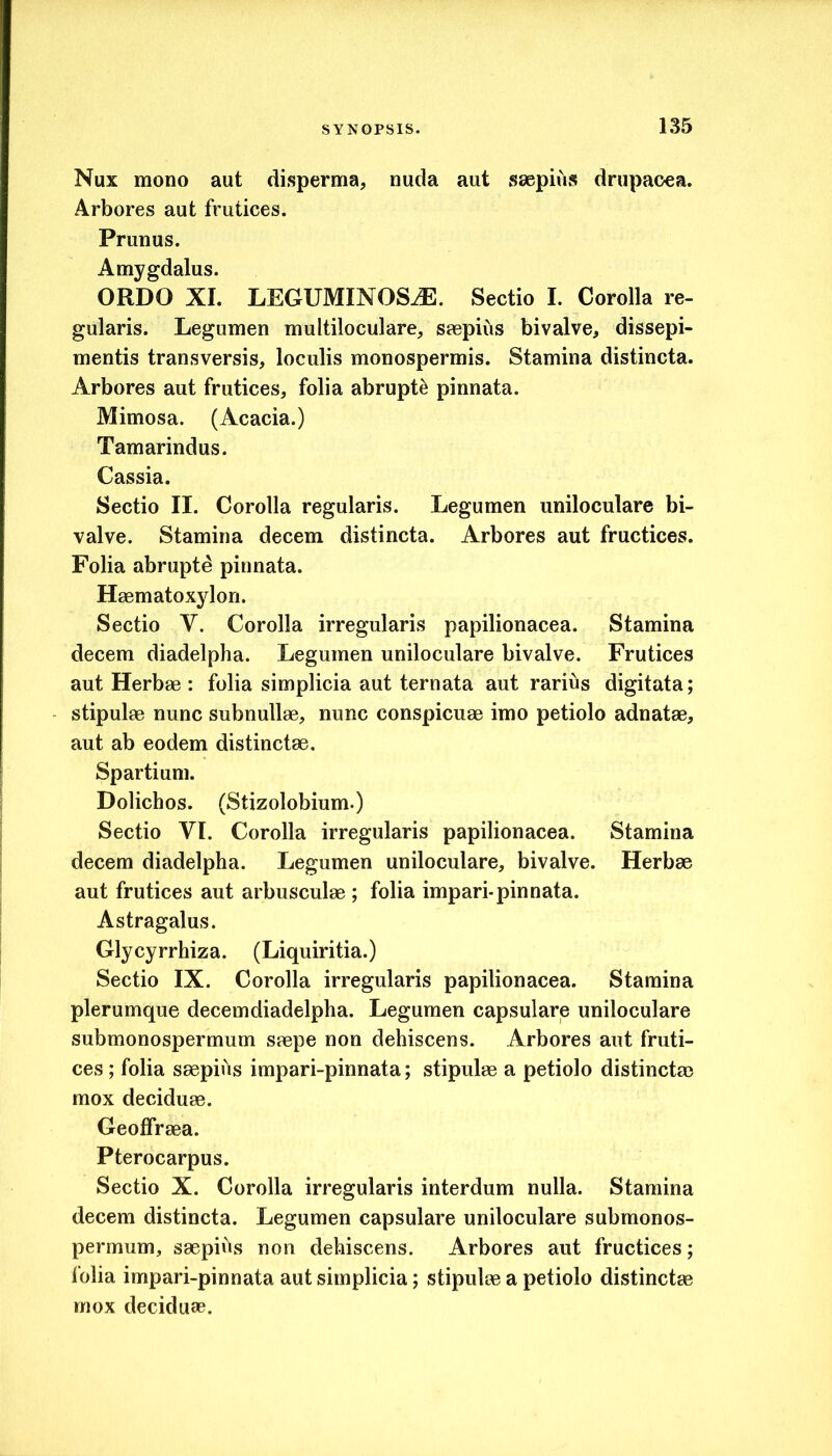 Nux mono aut disperma, nuda aut saepius drupaoea. Arbores aut frutices. Prunus. Amygdalus. ORDO XI. LEGUMINOSJE. Sectio I. Corolla re- gularis. Legumen multiloculare, saepius bivalve, dissepi- mentis transversis, loculis monospermis. Stamina distincta. Arbores aut frutices, folia abrupta pinnata. Mimosa. (Acacia.) Tamarindus. Cassia. Sectio II. Corolla regularis. Legumen uniloculare bi- valve. Stamina decem distincta. Arbores aut fructices. Folia abruptd pinnata. Haematoxylori. Sectio V. Corolla irregularis papilionacea. Stamina decem diadelpha. Legumen uniloculare bivalve. Frutices aut Herbae : folia simplicia aut ternata aut rariiis digitata; stipulae nunc subnullae, nunc conspicuae imo petiolo adnatae, aut ab eodem distinctae. Spartium. Dolichos. (Stizolobium.) Sectio VI. Corolla irregularis papilionacea. Stamina decem diadelpha. Legumen uniloculare, bivalve. Herbae aut frutices aut arbusculae ; folia impari-pinnata. Astragalus. Glycyrrhiza. (Liquiritia.) Sectio IX. Corolla irregularis papilionacea. Stamina plerumque decemdiadelpha. Legumen capsulare uniloculare submonospermum saepe non dehiscens. Arbores aut fruti- ces ; folia saepihs impari-pinnata; stipulae a petiolo distinctae mox deciduae. Geoffraea. Pterocarpus. Sectio X. Corolla irregularis interdum nulla. Stamina decem distincta. Legumen capsulare uniloculare submonos- permum, saepihs non dehiscens. Arbores aut fructices; folia impari-pinnata aut simplicia; stipulae a petiolo distinctae mox deciduae.