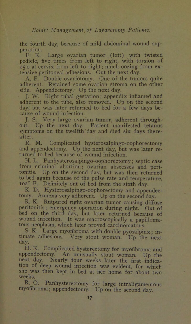 the fourth day, because of mild abdominal wound sup puration. F. K. Large ovarian tumor (left) with twisted pedicle, five times from left to right, with torsion of 25.0 at cervix from left to right; much oozing from ex- tensive peritoneal adhesions. Out the next day. A. F. Double ovariotomy. One of the tumors quite adherent. Retained some ovarian stroma on the other side. Appendectomy. Up the next day. J. W. Right tubal gestation; appendix inflamed and adherent to the tube, also removed. Up on the second day, but was later returned to bed for a few days be- cause of wound infection. J. S. Very large ovarian tumor, adherent through- out. Up the next day. Patient manifested tetanus symptoms on the twelfth day and died six days there- after. R. M. Complicated hysterosalpingo-oophorectomy and appendectomy. Up the next day, but was later re- turned to bed because of wound infection. H. L. Panhysterosalpingo-oophorectomy; septic case from criminal abortion* ovarian abscesses and peri- tonitis. Up on the second day, but was then returned to bed again because of the pulse rate and temperature, 102° F. Definitely out of bed from the sixth day. K. D. Hysterosalpingo-oophorectomy and appendec- tomy. Annexa very adherent. Up on the second day. R. K. Rutpured right ovarian tumor causing diffuse peritonitis; emergency operation during night. Out of bed on the third day, but later returned because of wound infection. It was macroscopically a papilloma- tous neoplasm, which later proved carcinomatous. S. K. Large myofibroma with double pyosalpinx; in- timate adhesions. Very stout woman. Up the next day. H. K. Complicated hysterectomy for myofibroma and appendectomy. An unusually stout woman. Up the next day. Nearly four weeks later the first indica- tion of deep wound infection was evident, for which she was then kept in bed at her home for about two weeks. R. O. Panhysterectomy for large intraligamentous myofibroma; appendectomy. Up on the second day.