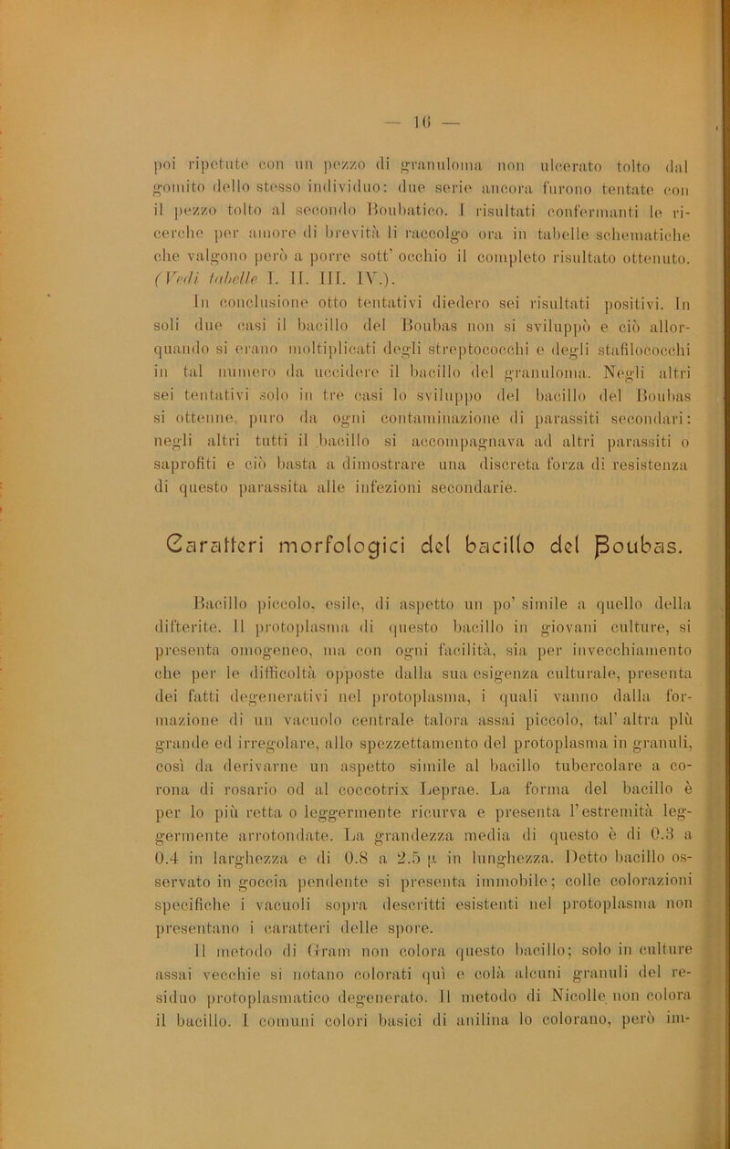 — 1(1 — poi ri])0tiite con un pozzo di «rrannlomii non ulcoruto tolto dal g'oinito dolio stosso individuo: duo serio ancora furono tentato con il pozzo tolto al secondo Itouhatico. I risultati conformanti lo ri- cerche |)or umore di brevità li raccolgo ora in talìolle scheniatiche che valgono però a pori'o sott’ occhio il completo risultato ottenuto. (Vr<H tahcllf 1. II. IH. lY.). In conclusione otto tentativi diedero sei risultati positivi. In soli due casi il bacillo del Houhas non si sviluppò e ciò allor- quando si erano moltiplicati dogli streptococchi o degli stafilococchi in tal numero da uccidere il bacillo del <i-ranuloma. No<>-li altri sei tentativi solo in tre casi lo sviluppo del bacillo del Houhas si ottenne, puro da ogni contamimizione di parassiti secondari: negli altri tutti il bacillo si accompagnava ad altri paras.siti o saprofiti e cii» basta a dimostrare una discreta forza di resistenza di questo parassita alle infezioni secondarie. Garatferi morfologici del bacillo del Poubas. Bacillo piccolo, esile, di aspetto un po’ simile a quello della difterite. 11 pi’otoplasma di (jiiesto l)acillo in giovani culture, si presenta omogeneo, ma con ogni facilità, sia per invecchiamento che per le difficoltà opposte dalla sua esigenza culturale, presenta dei fatti degenerativi nel protoplasma, i (|uali vaiino dalla for- mazione di un vacuolo centrale talora assai piccolo, tal’ altra ])lù grande ed irregolare, allo spezzettamento del protoplasma in granuli, così da derivarne un aspetto simile al bacillo tubercolare a co- rona di rosario od al coccotrix Leprae. La forma del bacillo è per lo più retta o leggermente ricurva e presenta l’estremità leg- germente arrotondate. La grandezza media di questo è di O.H a 0.4 in larghezza e di 0.8 a 2.5 p in lunghezza. Detto bacillo os- servato in goccia ])endente si presenta immobile; colle colorazioni specifiche i vacuoli sopra descidtti esistenti nel protoplasma non presentano i caratteri delle spore. 11 metodo di CIram non colora questo bacillo; solo in culture assai vecchie si notano colorati (juì e colà alcuni granuli del re- siduo protoplasmatico degenerato. 11 metodo di Nicolle non colora il bacillo, i comuni colori basici di anilina lo colorano, però im-