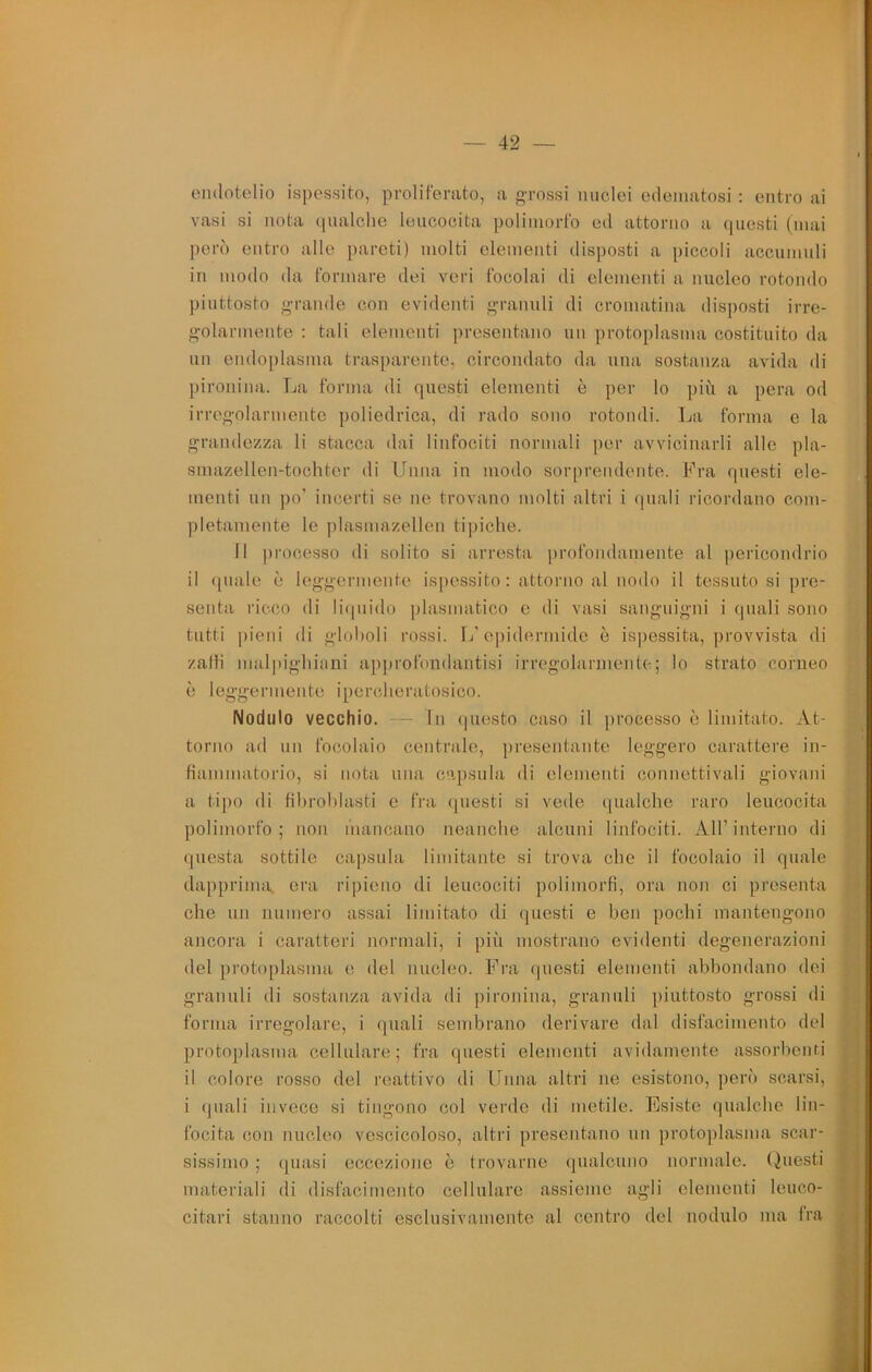 endotelio ispessito, proliferato, a grossi nuclei edematosi : entro ai vasi si nota qualche leucocita polimorfo ed attorno a questi (mai però entro alle pareti) molti elementi disposti a piccoli accumuli in modo da formare dei veri focolai di clementi a nucleo rotondo piuttosto grande con evidenti granuli di cromatina disposti irre- golarmente : tali elementi ])resentano un protoplasma costituito da un endoplasma trasparente, circondato da una sostanza avida di pironina. La forma di questi elementi è per lo più a pera od irregolarmente poliedrica, di rado sono rotondi. La forma e la grandezza li stacca dai linfociti normali per avvicinarli alle pla- smazellen-tochter di Unna in modo sorprendente. Fra questi ele- menti un po’ incerti se ne trovano molti altri i quali ricordano com- pletamente le plasmazelleii tipiche. Il processo di solito si arresta i)rofondamente al pericondrio il quale è leggermente isjìessito: attorno al nodo il tessuto si pre- senta ricco di liipiido piasmatico e di vasi sanguigni i quali sono tutti pieni di gloholi rossi. L'c])idermidc è ispessita, ])rovvista di zalh malpighiani approfondantisi irregolarinente; lo strato corneo è leggermente ipercheratosico. Nodulo vecchio. — In questo caso il processo è limitato. At- torno ad un focolaio centralo, presentante leggero carattere in- fiammatorio, si nota una capsula di elementi connettivali giovani a tipo di fihrohlasti e fra questi si vede qualche raro leucocita polimorfo; non mancano neanche alcuni linfociti. All’interno di questa sottile capsula limitante si trova che il focolaio il quale dapprim.a era ripieno di leucociti polimorfi, ora non ci presenta che un numero assai limitato di questi e ben pochi mantengono ancora i caratteri normali, i più mostrano evidenti degenerazioni del protoplasma e del nucleo. Fra questi elementi abbondano dei granuli di sostanza avida di pironina, granuli piuttosto grossi di forma irregolare, i quali sembrano derivare dal disfacimento del protoplasma cellulare; fra questi elementi avidamente assorbenti il colore rosso del reattivo di lliina altri ne esistono, però scarsi, i (piali invece si tingono col verde di metile. Esiste qualche lin- focita con nucleo vescicoloso, altri presentano un protoplasma scar- sissimo ; (piasi eccezione è trovarne qualcmio normale. (Questi materiali di disfacimento cellulare assieme agli elementi leuco- citari stanno raccolti esclusivamente al centro del nodulo ma fra