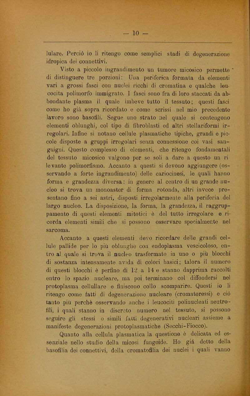 lulare. Perciò io li ritengo come semplici stadi di degenerazione idropica dei connettivi. Visto a piccolo ingrandimento un tumore micosico permette ' di distinguere tre porzioni: Una periferica formata da elementi vari a grossi fasci con nuclei ricchi di cromatina e qualche leu- cocita polimorfo immigrato. I fasci sono fra di loro staccati da ab- bondante plasma il quale imbeve tutto il tessuto; questi fasci come ho già sopra ricordato e come scrissi nel mio precedente lavoro sono basofili. Segue uno strato nel quale si contengono elementi oblunghi, col tipo di flbroblasti ed altri stellariformi ir- regolaj’i. Infine si notano cellule piasmatiche tipiche, grandi e pic- cole disposte a gruppi irregolari senza connessione coi vasi san- guigni. Questo complesso di elementi, che ritengo fondamentali del tessuto micosico valgono per se soli a dare a questo un ri levante polimorfismo. Accanto a questi si devono aggiungere (os- servando a forte ingrandimento) delle cariocinesi, le quali hanno forma e grandezza diversa: in genere al centro di un grande nu- cleo si trova un monoaster di forma rotonda, altri invece pre- sentano fino a sei astri, disposti irregolarmente alla periferia del largo nucleo. La disposizione, la forma, la grandezza, il raggrup- pamento di questi elementi mitotici è del tutto irregolare e ri- corda elementi simili che si possono osservare specialmente nel sarcoma. Accanto a questi elementi devo ricordare delle grandi cel- lule pallide per lo più oblunghe con endoplasma vescicoloso, en- tro al quale si trova il nucleo trasformato in uno o più blocchi di sostanza intensamente avida di colori basici; talora il numero di questi blocchi è perfino di 12 a 14 e stanno dapprima raccolti entro lo spazio nucleare, ma poi terminano col diffondersi nel protoplasma cellullare e finiscono collo scomparire. Questi io li ritengo come fatti di degenerazione nucleare (cromatoressi) e ciò tanto più perchè osservando anche i leucociti polinucleati neutro- fili, i quali stanno in discreto numero nel tessuto, si possono seguire gli stessi o simili fatti degenerativi nucleari assieme a manifeste degenerazioni protoplasmatiche (Secchi-Fiocco). Quanto alla cellula piasmatica la questione è delicata ed es- senziale nello studio della micosi fungoide. Ho già detto della basofilia dei connettivi, della cromatofilia dei nuclei i quali vanno