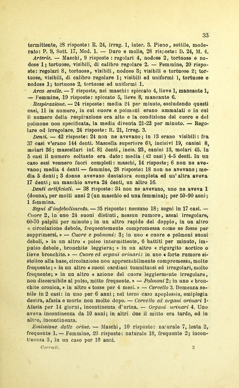 termittente, 28 risposte: E, 24, irreg. 1, inter. 3. Pieno, sottile, mode- rato: P. 9, Sott. 17, Mod. 1. — Duro e molle, 28 risposte: D. 24, M. 4. Arterie. — Maschi, 9 risposte : regolari 4, nodose 2, tortuose e no- dose 1; tortuose, visibili, di calibro regolare 2. — Femmine, 20 rispo- ste: regolari 8, tortuose, visibili, nodose 3; visibili e tortuose 2; tor- tuose, visibili, di calibro regolare 1; visibili ed uniformi 1, tortuose e nodose 1; tortuose 2, tortuose ed uniformi 1. Arco senile. — 7 risposte, nei maschi: spiccato 4, lieve 1, mancante 1, — Femmine, 19 risposte: spiccato 5, lieve 8, mancante 6. Respirazione. — 24 risposte: media 24 per minuto, escludendo questi casi, 11 in numero, in cui cuore e polmoni erano ammalati o in cui il numero della respirazione era alto e la condizione del cuore e del polmone non specificata, la media diventa 21-22 per minuto. — Rego- lare od irregolare, 24 risposte: R. 21, Irreg. 3. Lenii. — 42 risposte: 24 non ne avevano; in 13 erano visibili: fra 37 casi v’erano 144 denti. Mascella superiore 6% incisivi 19, canini 8, molari 36; mascellari inf. 81 denti, incis. 23, canini 13, molari 45. In 5 casi il numero soltanto era dato: media (42 casi) 4-5 denti. In un caso essi vennero fuori completi: maschi, 14 risposte; 6 non ne ave- vano; media 4 denti— femmine, 28 risposte: 18 non ne avevano; me- dia 5 denti ; 3 donne avevano dentatura completa ed un' altra aveva 17 denti ; un maschio aveva 24 denti, un altro 16. Lenti artificiali. — 38 risposte: 34 non ne avevano, uno ne aveva 1 (donna), per molti anni 2 (un maschio ed una femmina); per 50-90 anni; 1 femmina. Segni d’’indebolimento. — 35 risposte: nessuno 18; segni in 17 casi. — Cuore 2, in uno 24 suoni distinti, nessun rumore, assai irregolare, 60-70 palpiti per minuto; in un altro rapido del doppio, in un altro « circolazione debole, frequentemente compromessa come se fosse per sopprimersi. » — Cuore e polmoni: 3; in uno c cuore e polmoni suoni deboli, > in un altro « polso intermittente, 6 battiti per minuto, im- pulso debole, bronchite leggiera; » in un altro « rigurgito aortico o lieve bronchite.» — Cuore ed organi orinari: in uno € forte rumore si- stolico alla base, circolazione non apprezzabilmente compromessa, molto frequente; » in un altro « suoni cardiaci tumultuosi ed irregolari, molto frequente; » in un altro « azione del cuore leggiermente irregolare, non discernibile al polso, mitto frequente. » — Polmoni 2; in uno « bron- chite cronica, » in altro « tosse per 4 mesi. » — Cervello 3. Demenza se- nile in 2 casi: in uno per 6 anni; nel terzo caso apoplessia, emiplegia destra, afasia e morte non molto dopo. — Cervello ed organi orinari 1- Afasia per 14 giorni, incontinenza d’urina. — Organi urinari 4. Uno aveva incontinenza da 10 anni; in altri due il mitto era tardo, ed in altro, incontinenza. Emissione delle orine. — Maschi, 10 risposte: naturale 7, lenta 2, frequente 1.— Femmine, 23 risposte: naturale 18, frequente 2; incon- tinenza 3, in un caso per 10 anni. Corradi. 3